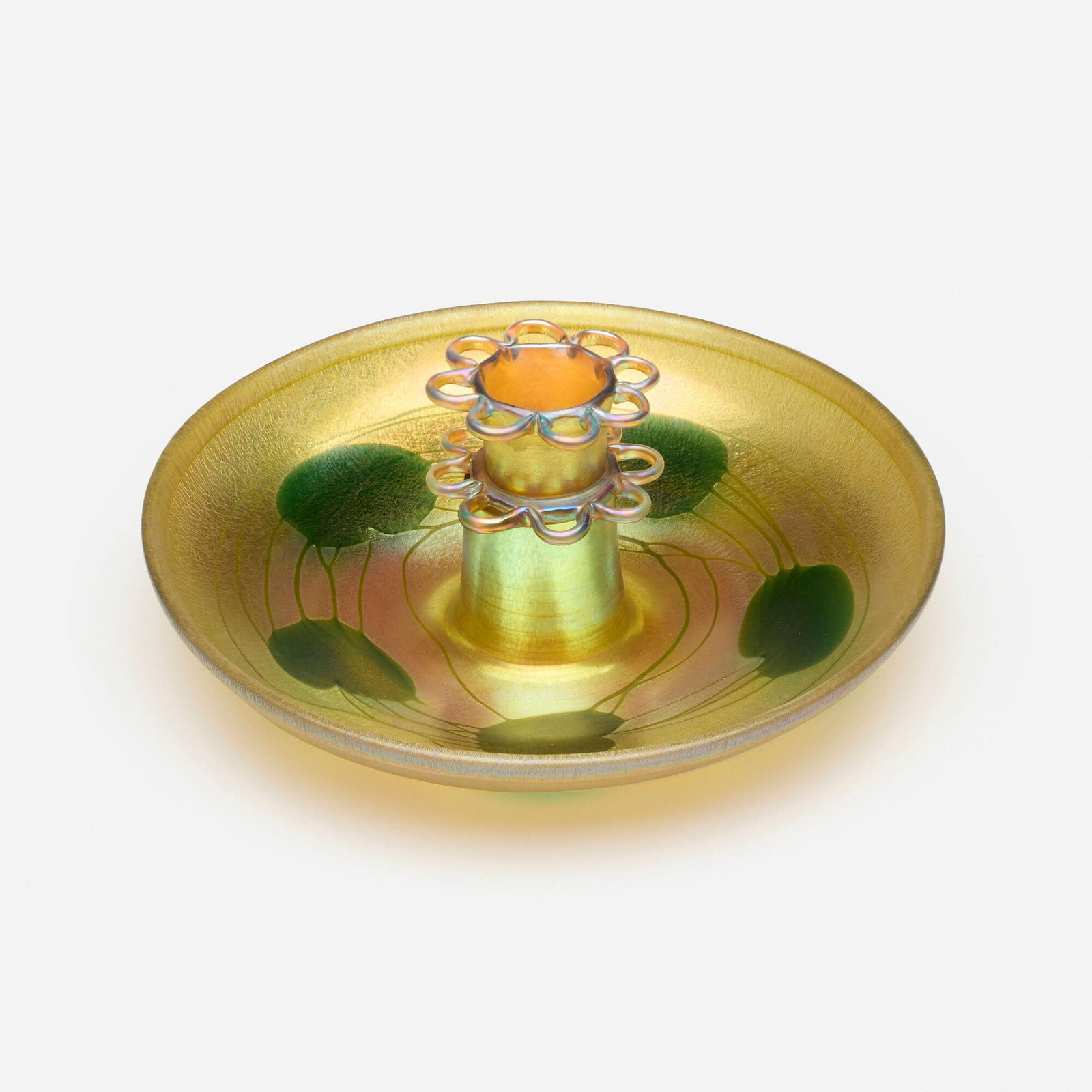 Tiffany Studios, Leaf and Vine flower bowl and frog: Tiffany Studios Leaf and Vine flower bowl and frog USA, c. 1898-1900, c. 1914-1915 hand-blown Favrile glass 4.25 h x 10.5 dia in (11 x 27 cm) Etched to underside of bowl '6988K L.C. Tiffan