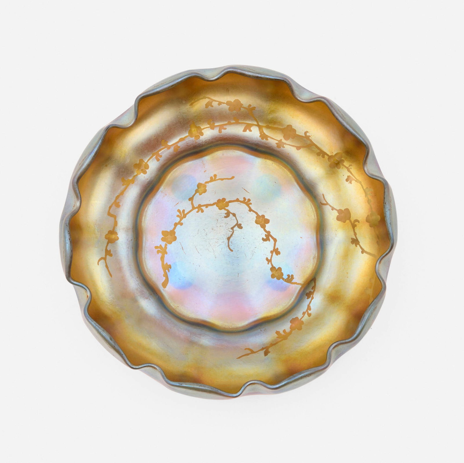 Tiffany Studios, Bowl with engraved flowering vine: Tiffany Studios Bowl with engraved flowering vine USA, c. 1910 hand-blown and etched Favrile glass 2.5 h x 7.25 dia in (6 x 18 cm) Etched to underside 'L.C.T. Favrile'. This work will ship