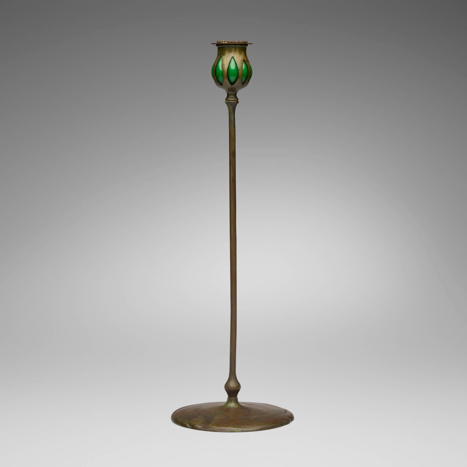 Tiffany Studios, Blown-out candlestick: Tiffany Studios Blown-out candlestick USA, c. 1900 patinated bronze, hand-blown glass 17.625 h x 5.75 dia in (45 x 15 cm) Impressed to underside 'TIFFANY STUDIOS NEW YORK 21100'. <