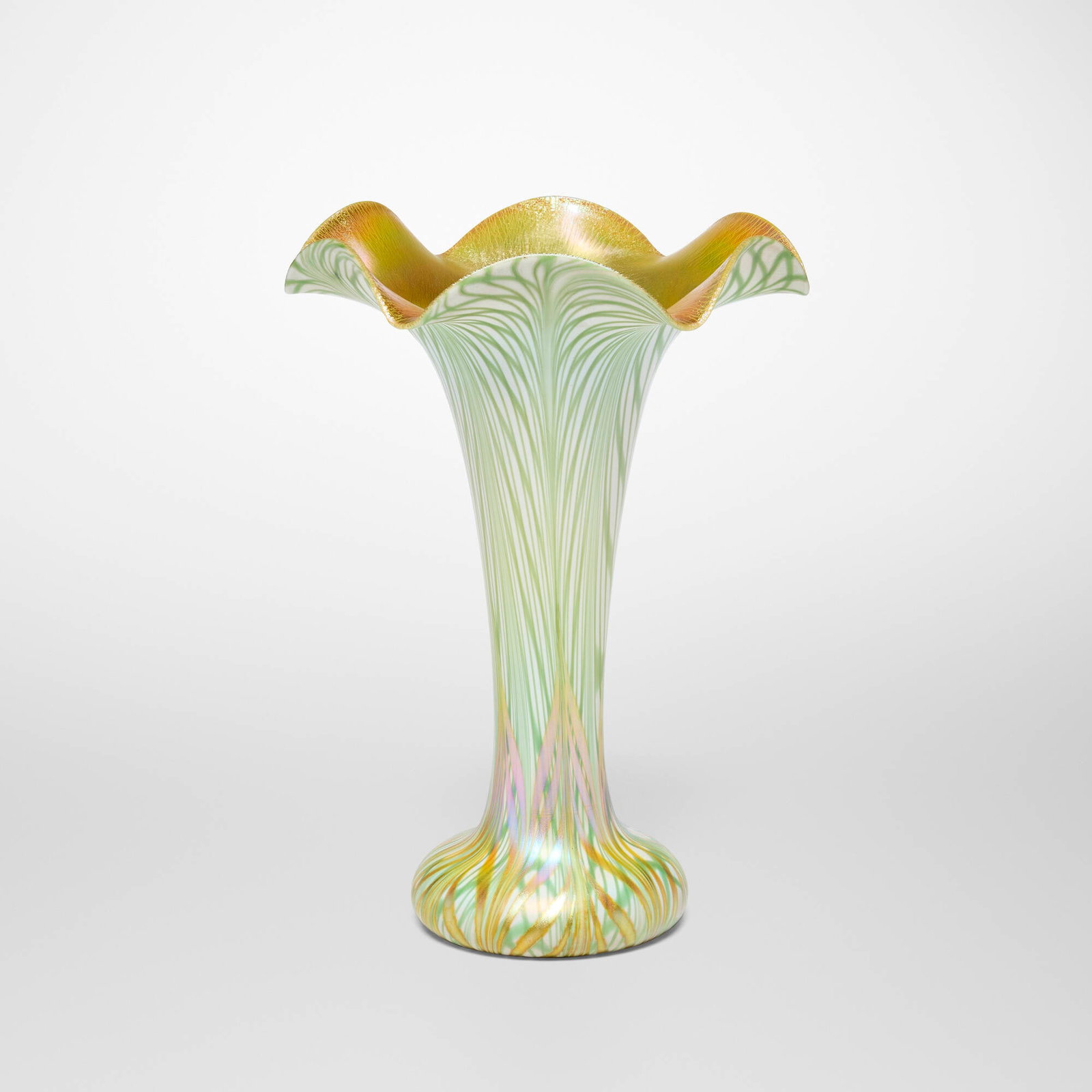 Quezal, Decorated floriform vase: Quezal Decorated floriform vase USA, c. 1910 hand-blown glass 11.75 h x 8.5 dia in (30 x 22 cm) Etched manufacturer's mark and number to underside 'Quezal R 97'. This work will ship
