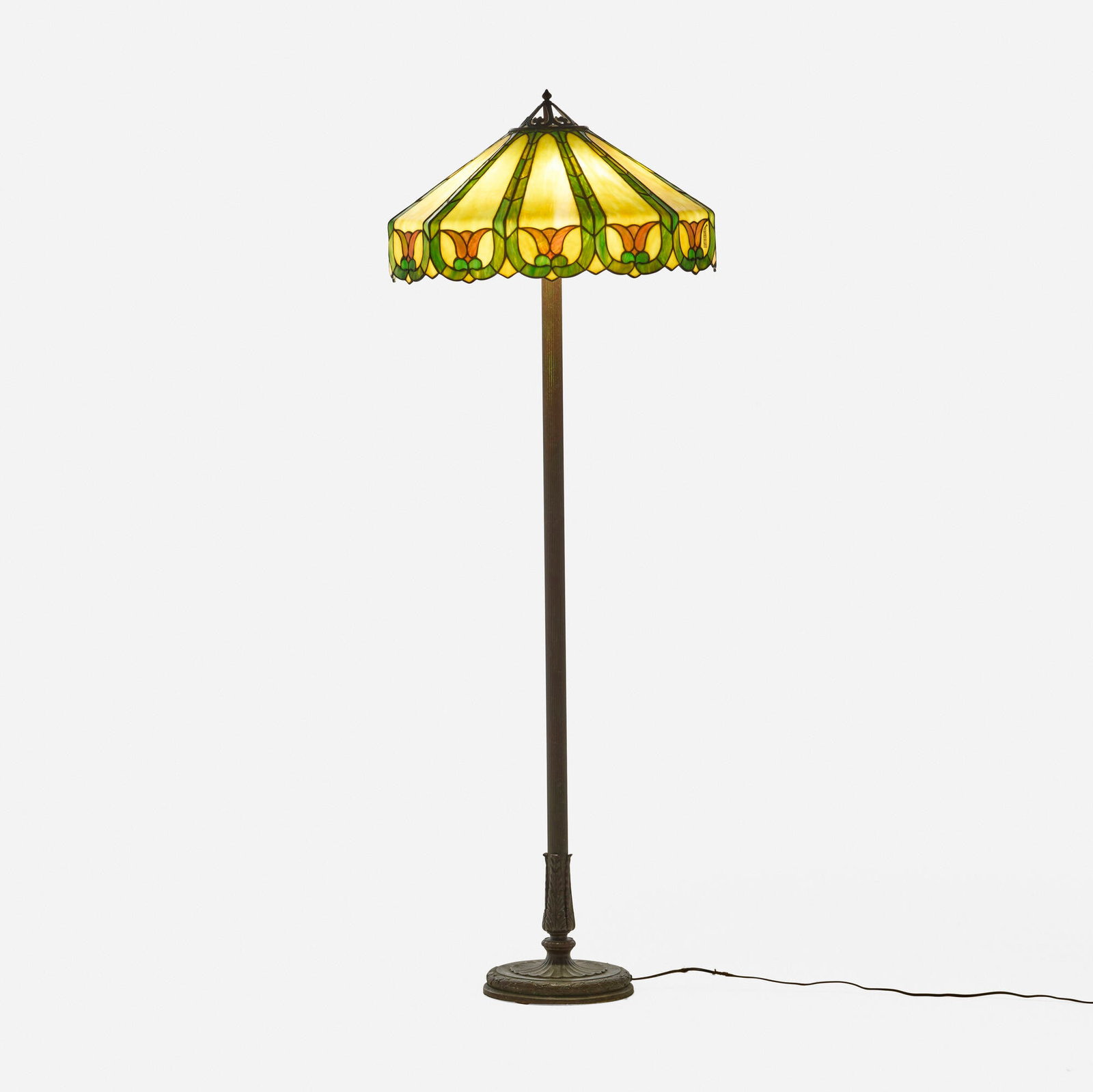 Handel, Tulip floor lamp: Handel Tulip floor lamp USA, c. 1920 leaded glass, patinated metal 65.5 h x 25 dia in (166 x 63 cm) This work will ship from Lambertville, New Jersey.