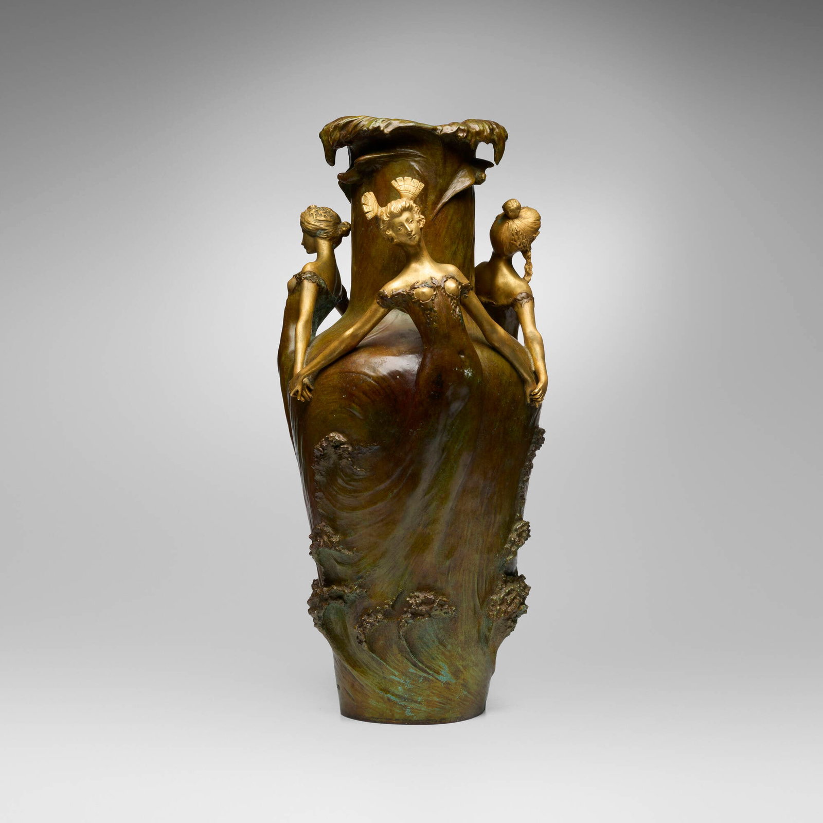 Louis Chalon, Monumental Les Filles des Vagues vase: Louis Chalon Monumental Les Filles des Vagues vase France, c. 1900 patinated and gilt bronze 25 h x 12 dia in (63 x 30 cm) Impressed signature to lower edge 'L Chalon'.