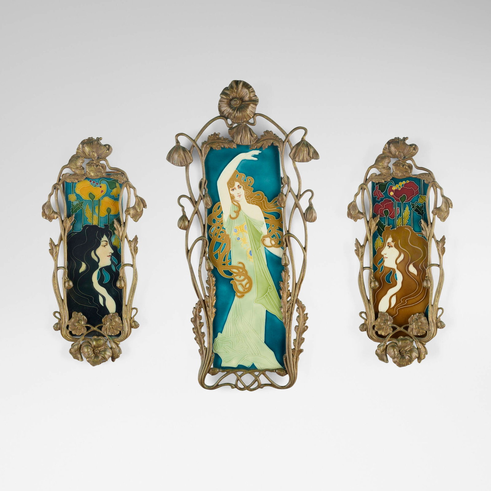 Carl Sigmund Luber for Johann von Schwarz, Art Nouveau tile garniture three-piece set with maidens: Carl Sigmund Luber for Johann von Schwarz Art Nouveau tile garniture three-piece set with maidens and poppies Germany, c. 1900 glazed earthenware, gilt bronze 19 h x 9.5 w x 1.5 d in (48 x 24 x 4 cm)<