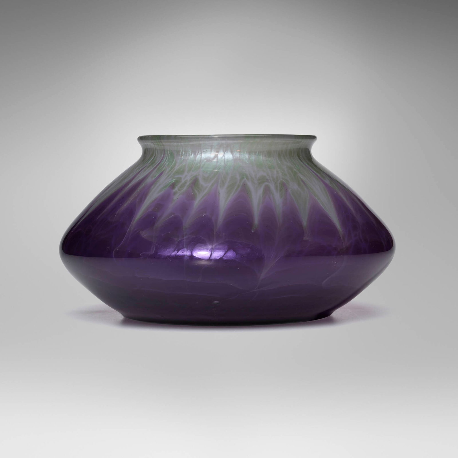 Marie Kirschner for Loetz, Large Flamarion vase: Marie Kirschner for Loetz Large Flamarion vase Austria, c. 1907 hand-blown glass 7.75 h x 14.5 dia in (20 x 37 cm) Etched initials to underside 'MK'. Provenance: