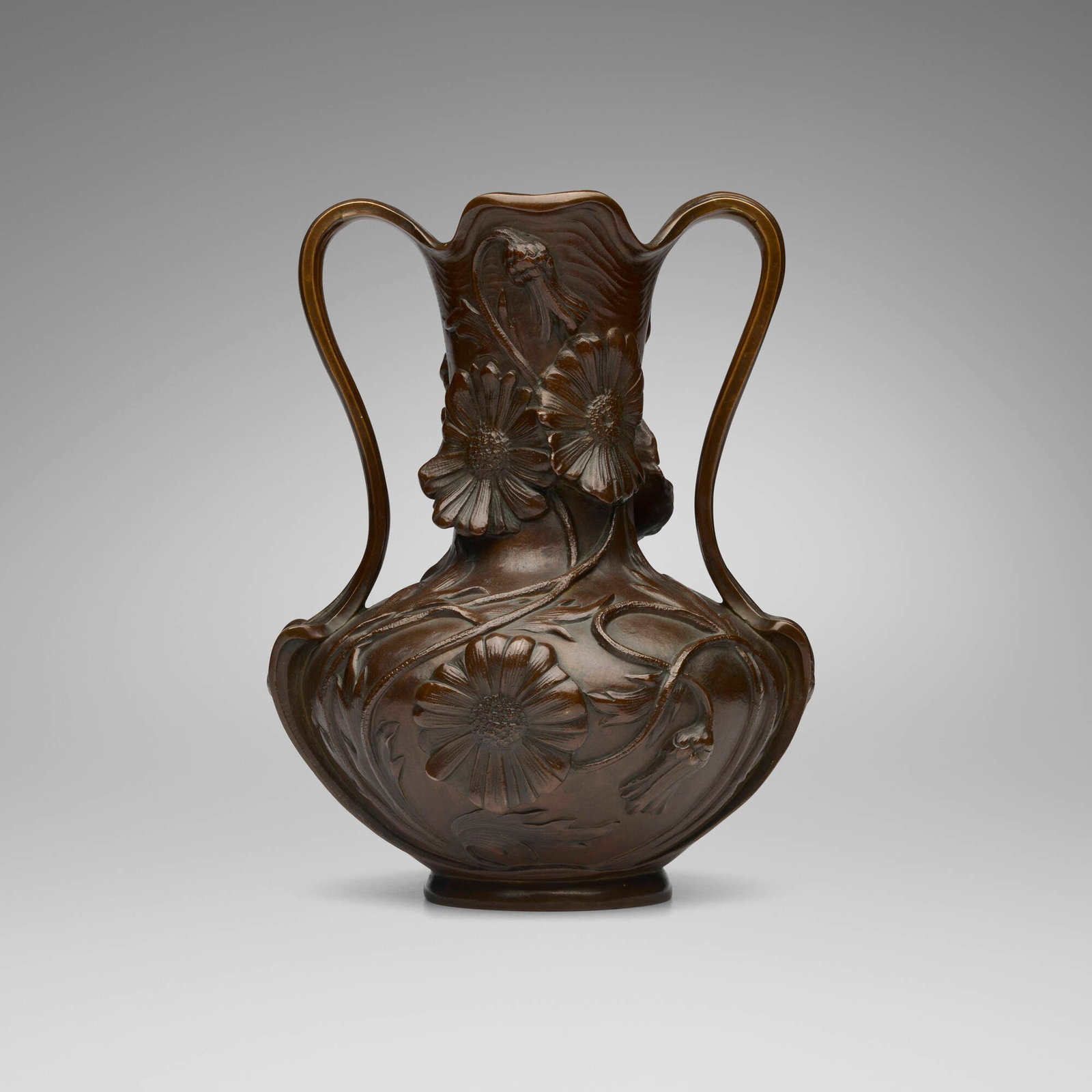 Austrian, Art Nouveau vase with daisies retailed by Tiffany & Co.: Austrian Art Nouveau vase with daisies retailed by Tiffany & Co. c. 1900 patinated bronze 9.75 h x 7.5 w x 7.25 d in (25 x 19 x 18 cm) Impressed manufacturer's mark to underside 'K.K.