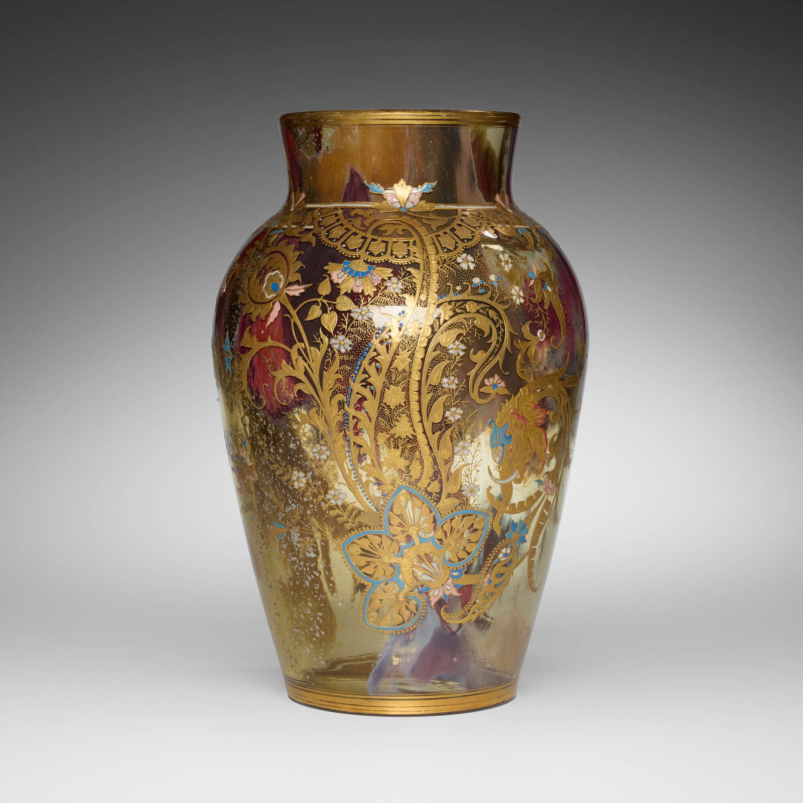 Moser, Large Persian vase with flowers: Moser Large Persian vase with flowers Bohemia, c. 1895 enameled, gilt, and internally-decorated hand-blown glass with foil inclusions 15.5 h x 10.5 dia in (39 x 27 cm) Provenance: