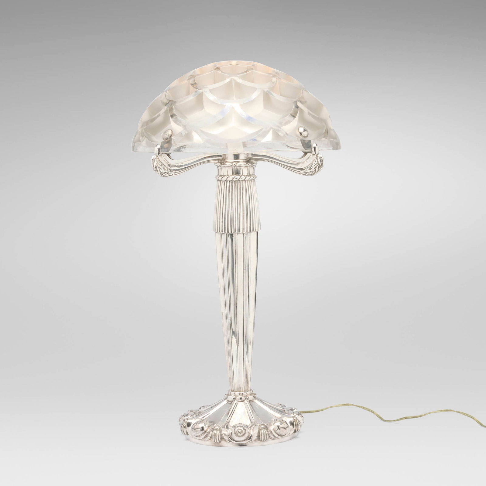 Rene Lalique, Rinceaux lamp: Rene Lalique Rinceaux lamp France, c. 1926 frosted and polished glass, silver-plated metal shade: 6.25 h x 14.75 dia in (16 x 37 cm) overall: 26.5 h x 16.5 dia in (67 x 42 cm) Lamp features