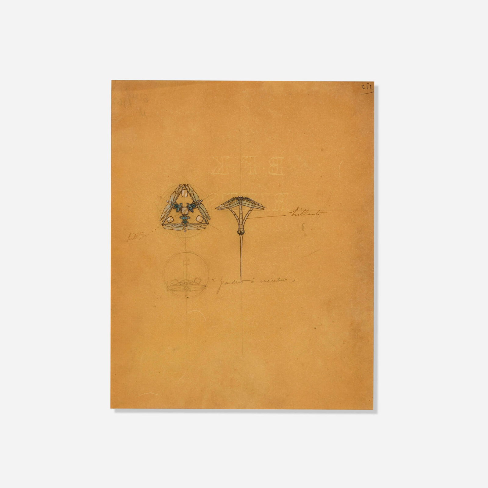 Rene Lalique, Sketch for stick pin with dragonflies: Rene Lalique Sketch for stick pin with dragonflies c. 1905 watercolor, ink and pencil on BFK Rives paper sight: 10.5 h x 8.25 w in (27 x 21 cm) Provenance: Collection of Rene L