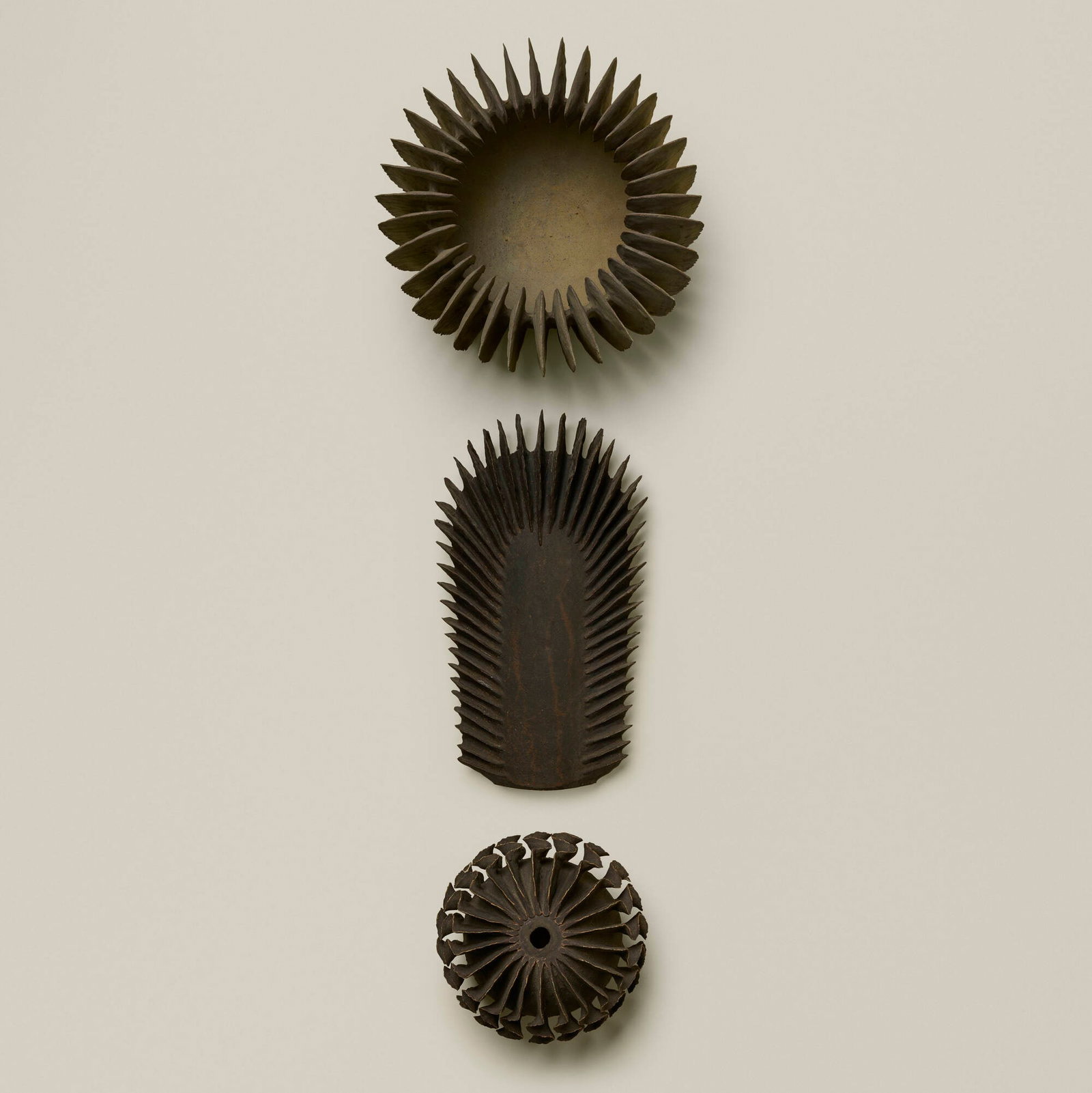 Ursula Morley-Price, Collection of three works: Ursula Morley-Price Collection of three works c. 2005-2007 glazed stoneware 13.5 h x 7.5 w x 3.5 d in (34 x 19 x 9 cm) 7 h x 10.5 dia in (18 x 27 cm) 7 h x 7 dia in (18 x 18 cm) Impressed chop mark