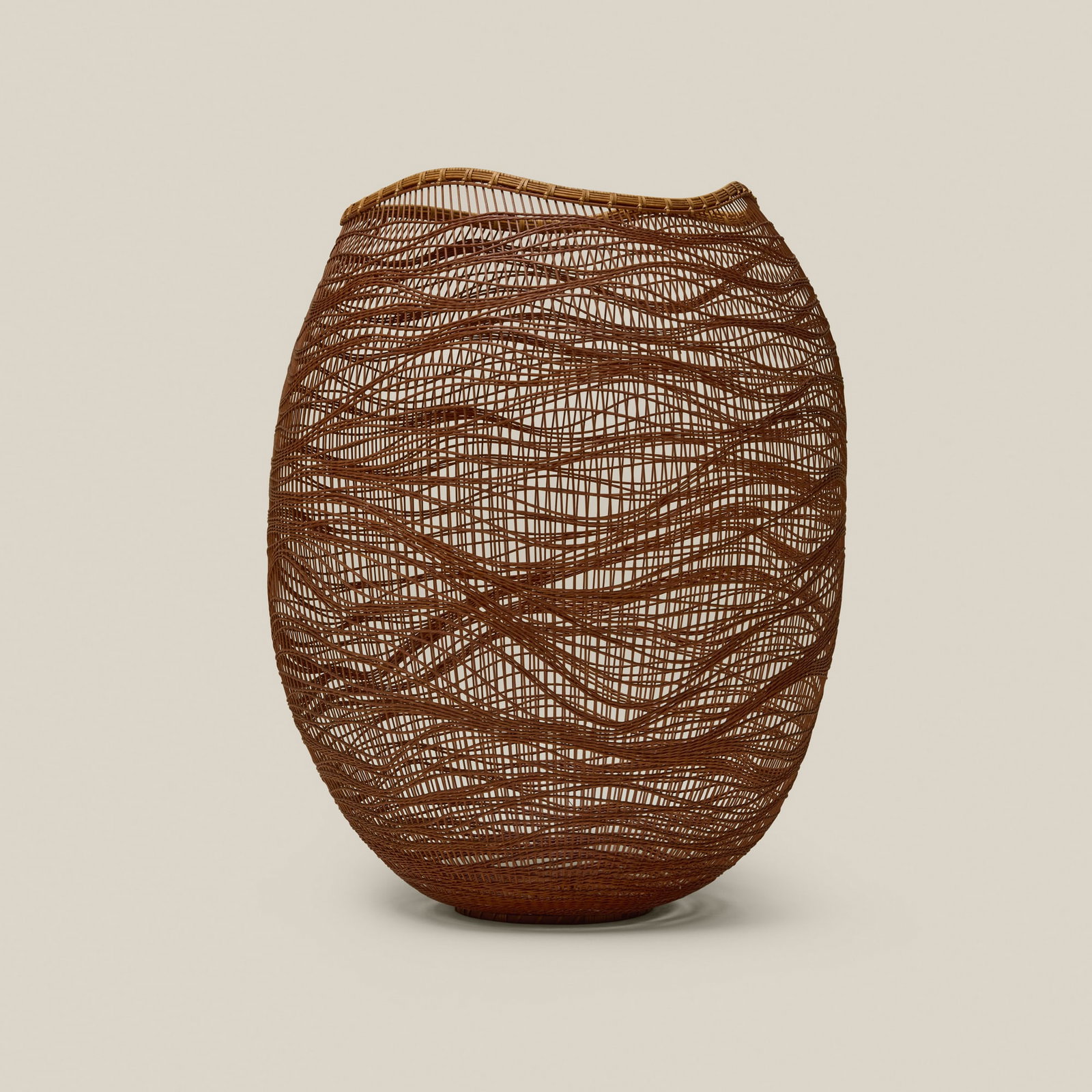 Jin Morigami, Untitled (basket): Jin Morigami Untitled (basket) c. 2003 madake bamboo, rattan 13 h x 10.75 w x 9.25 d in (33 x 27 x 23 cm) Incised artist's signature in kanji to underside. Sold with original signed