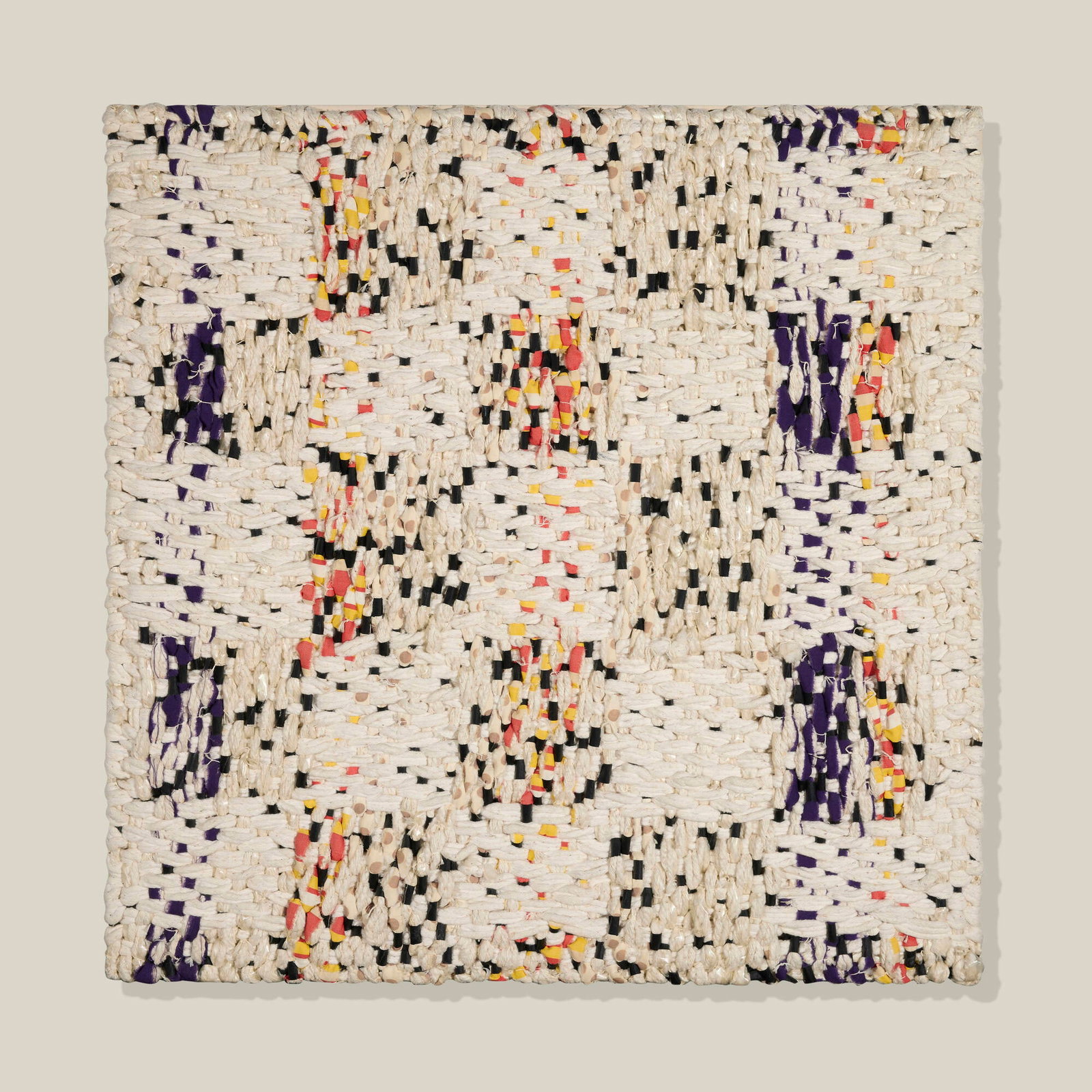 Ed Rossbach, Damask Waterfall: Ed Rossbach Damask Waterfall 1977 cotton welting cord, commercial fabric, plastic and satin damask on canvas 35.5 h x 35.5 w x 2.375 d in (90 x 90 x 6 cm) Signed, titled and dated to verso 
