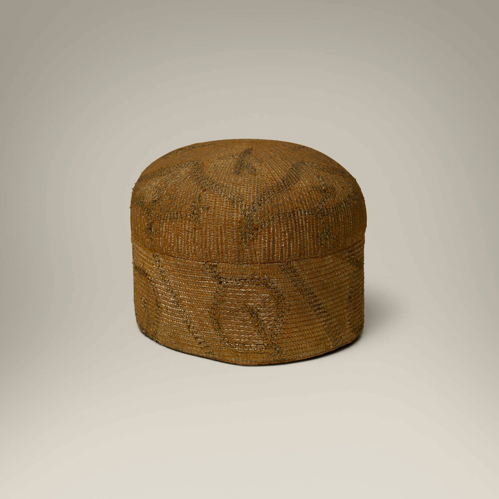 Afghan, Kolla hat: Afghan Kolla hat mid-20th century hand-woven and embroidered fabric with metallic thread 5.75 h x 7.125 w x 6.75 d in (15 x 18 x 17 cm) Handwritten markings to interior. Provenan