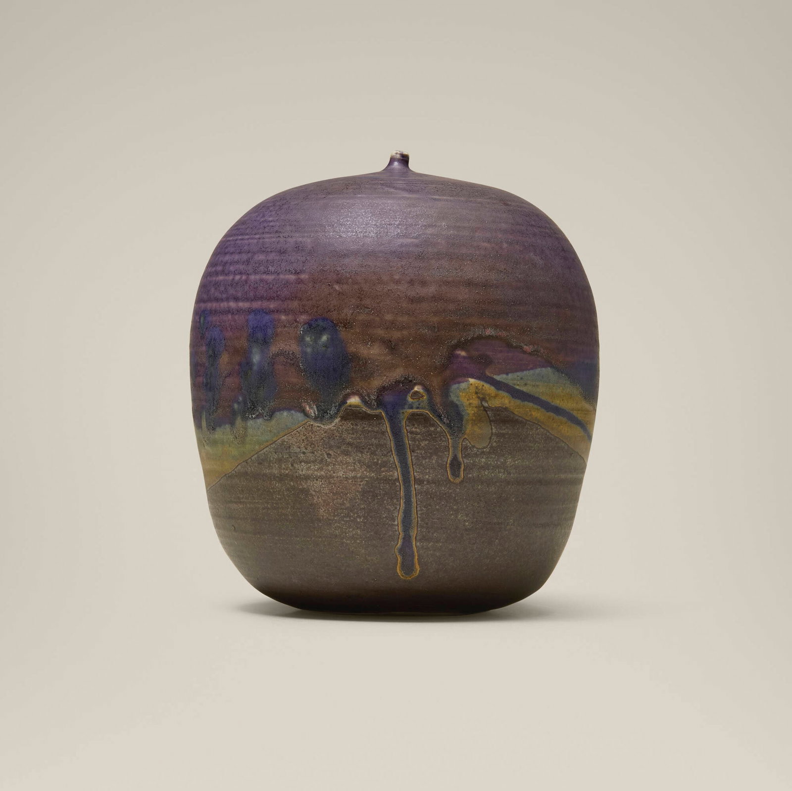 Toshiko Takaezu, Closed Form (with rattle): Toshiko Takaezu Closed Form (with rattle) c. 1995 glazed porcelain 7 h x 6.5 dia in (18 x 17 cm) Incised signature to underside 'TT'. Provenance: Collection of