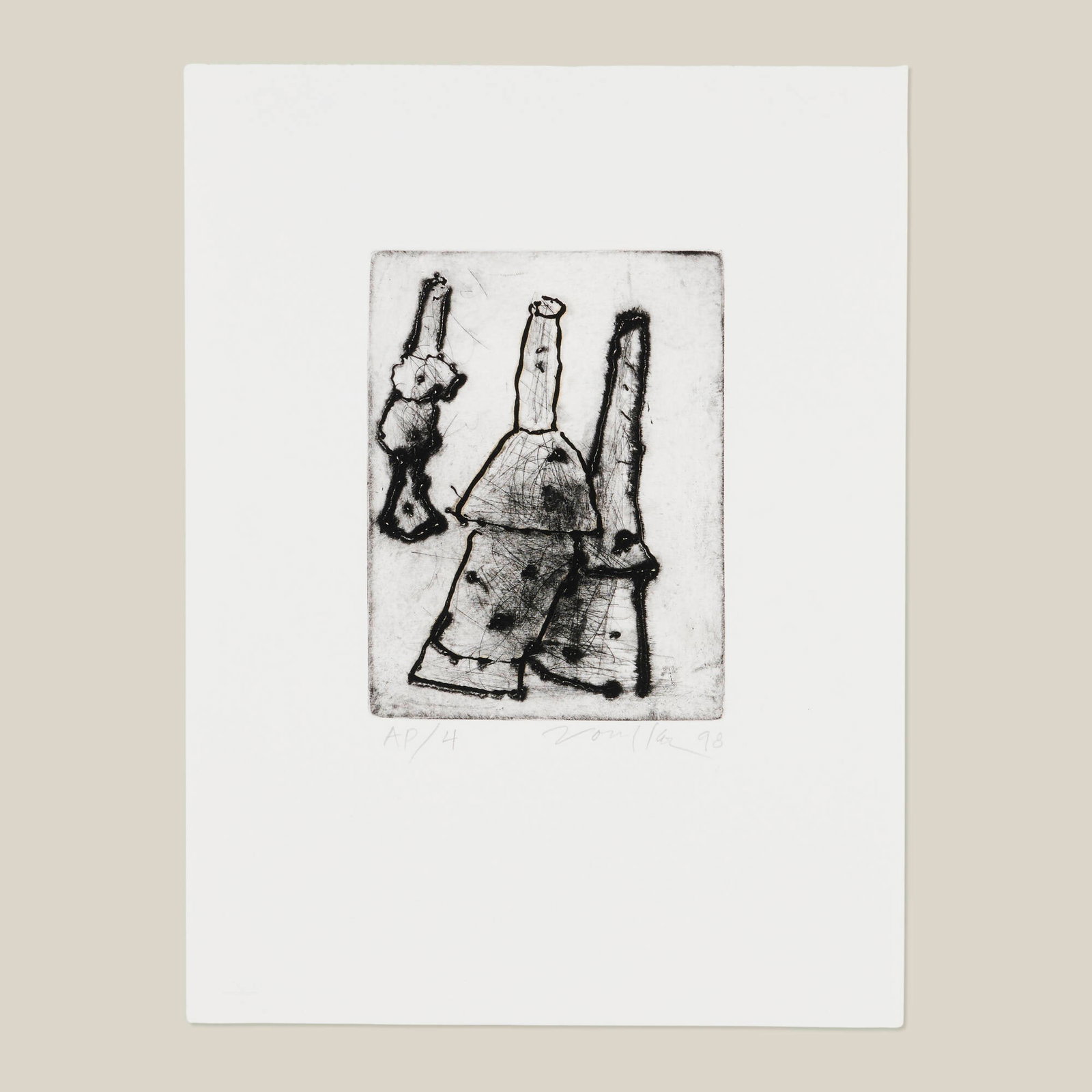 Peter Voulkos, Unitled (Stacks): Peter Voulkos Unitled (Stacks) 1998 etching on Arches image: 7.875 h x 6 w in (20 x 15 cm) sheet: 16 h x 12 w in (41 x 30 cm) Signed, dated, and numbered to lower edge 'AP/4 Voulkos 98&