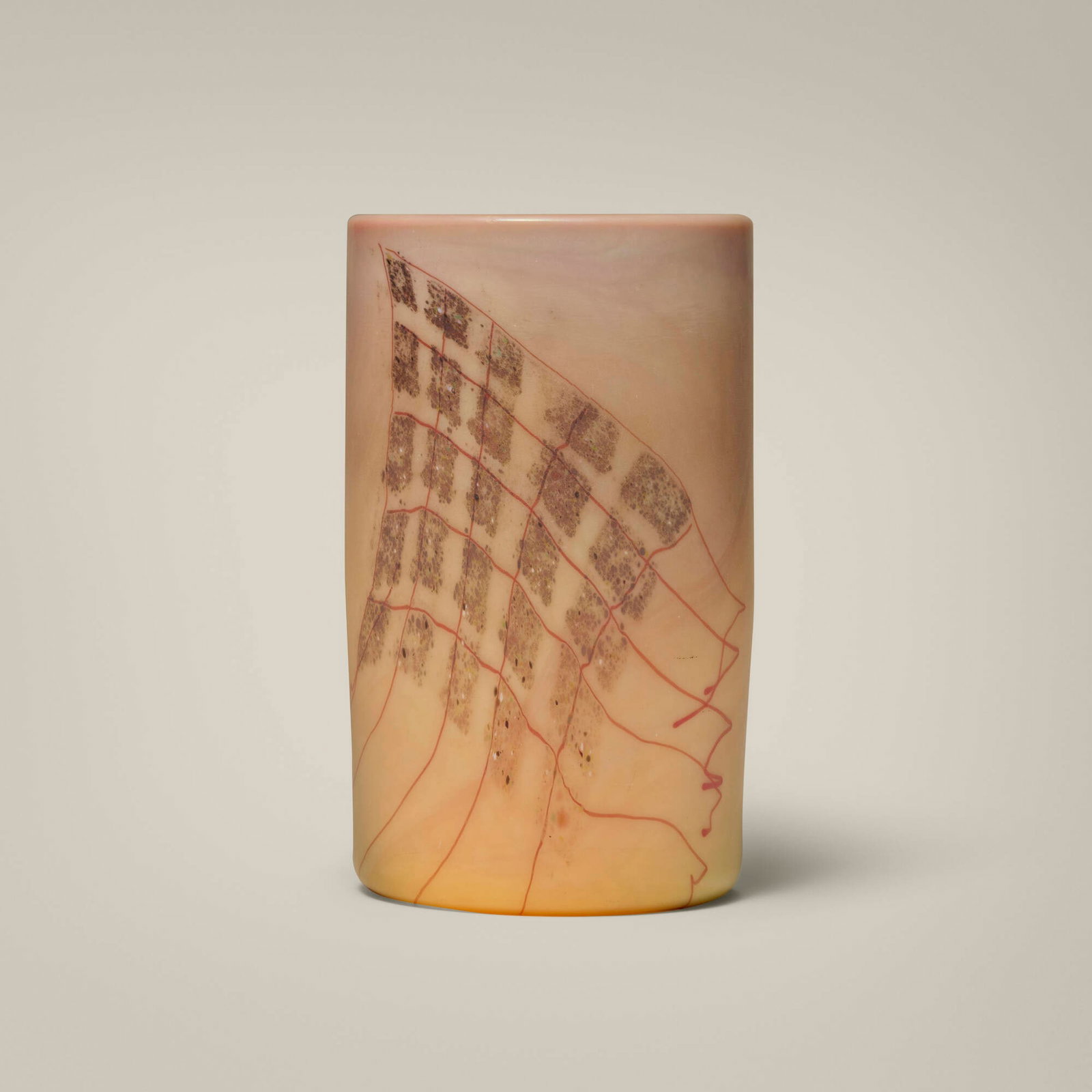 Dale Chihuly, Early Peachblow Blanket Cylinder: Dale Chihuly Early Peachblow Blanket Cylinder 1975 hand-blown glass 10.5 h x 6.125 dia in (27 x 16 cm) Dated in glass to underside '75' and inscribed in glass to body 'Jack'