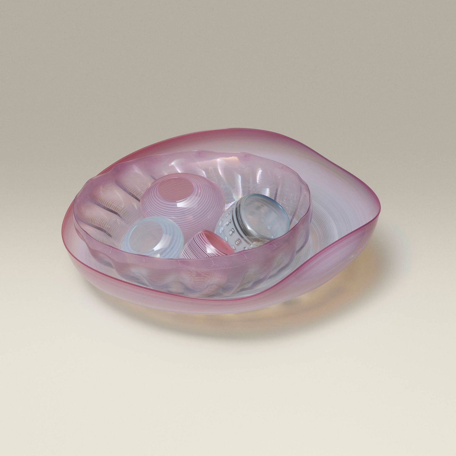 Dale Chihuly, Seaform Set: Dale Chihuly Seaform Set 1981 hand-blown glass 3.75 h x 13 w x 13.5 d in (10 x 33 x 34 cm) Set is composed of six elements. Etched signature and date to underside of largest element 'Chihuly