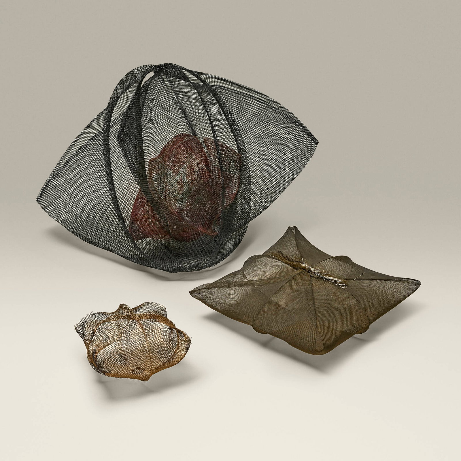 Chunghi Choo, Untitled (Treasure Basket) (three works): Chunghi Choo Untitled (Treasure Basket) (three works) c. 1990 wire mesh 11 h x 12 w x 10 d in (28 x 30 x 25 cm) 2.75 h x 7.5 w x 7.5 d in (7 x 19 x 19 cm) 3 h x 4 w x 4 d in (8 x 10 x 10 cm)