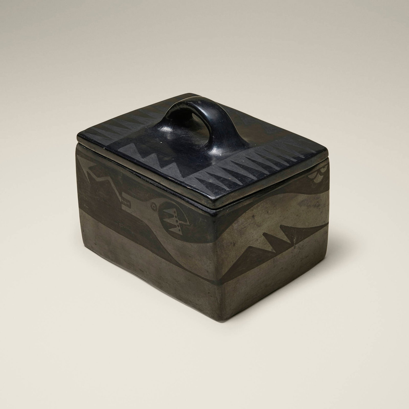 Maria Martinez, Blackware covered vessel with Avanyu design: Maria Martinez Blackware covered vessel with Avanyu design c. 1950 burnished earthenware 4.5 h x 5 w x 4.25 d in (11 x 13 x 11 cm) Signed to underside 'Marie'. Provenan