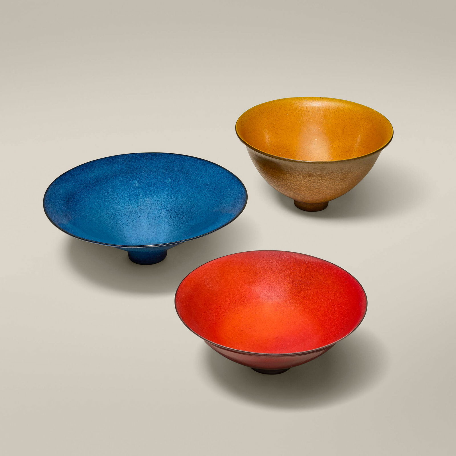 James Lovera, Collection of three bowls: James Lovera Collection of three bowls glazed stoneware, glazed earthenware 4.625 h x 8.375 dia in (12 x 21 cm) 3.375 h x 10 dia in (9 x 25 cm) 3.25 h x 8.125 dia in (8 x 21 cm) Incised signature to