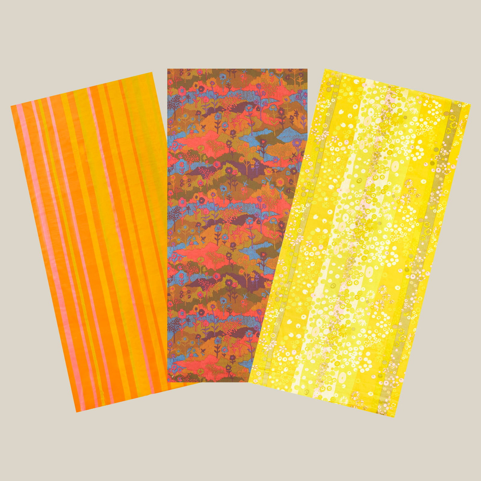 Jack Lenor Larsen, Collection of three fabrics: Jack Lenor Larsen Collection of three fabrics cotton, printed cotton, polyester 55.5 h x 109.75 l in (141 x 279 cm) 54.5 h x 107.5 l in (138 x 273 cm) 47.75 h x 100.5 l in (121 x 255 cm) Collection