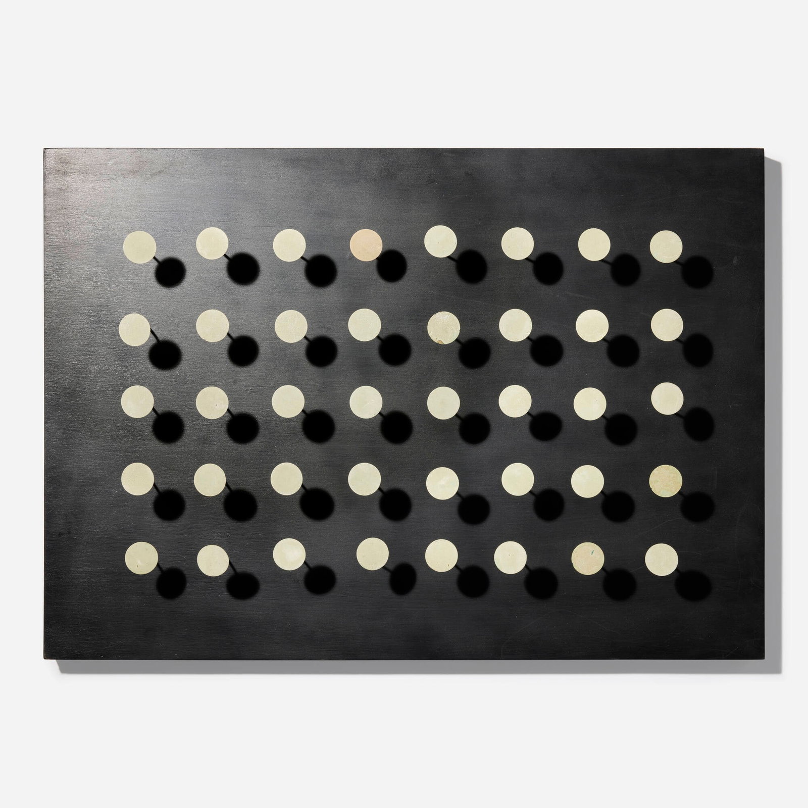 Yaacov Agam, Tactile bleu: Yaacov Agam Tactile bleu 1964 acrylic on board, painted metal discs, springs 22 h x 31 w x 3.5 d in (56 x 79 x 9 cm) This kinetic work invites the viewer to manipulate its movable elements, act