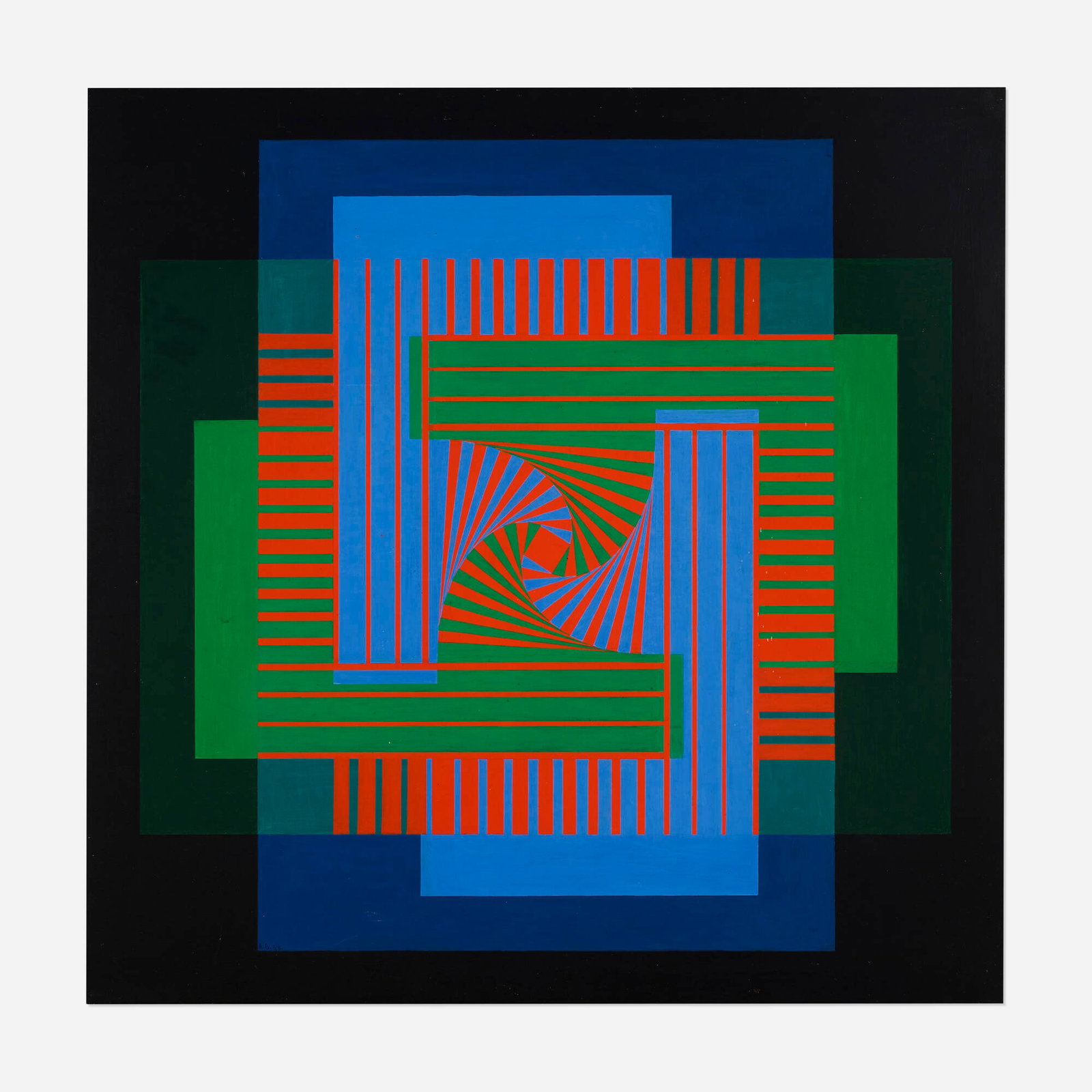 Hannes Beckmann, Turbulent Center: Hannes Beckmann Turbulent Center 1968 acrylic on board 30 h x 30 w in (76 x 76 cm) Signed and dated to lower left 'h.b. 68'. Signed, titled, dated, and inscribed to verso 'To my