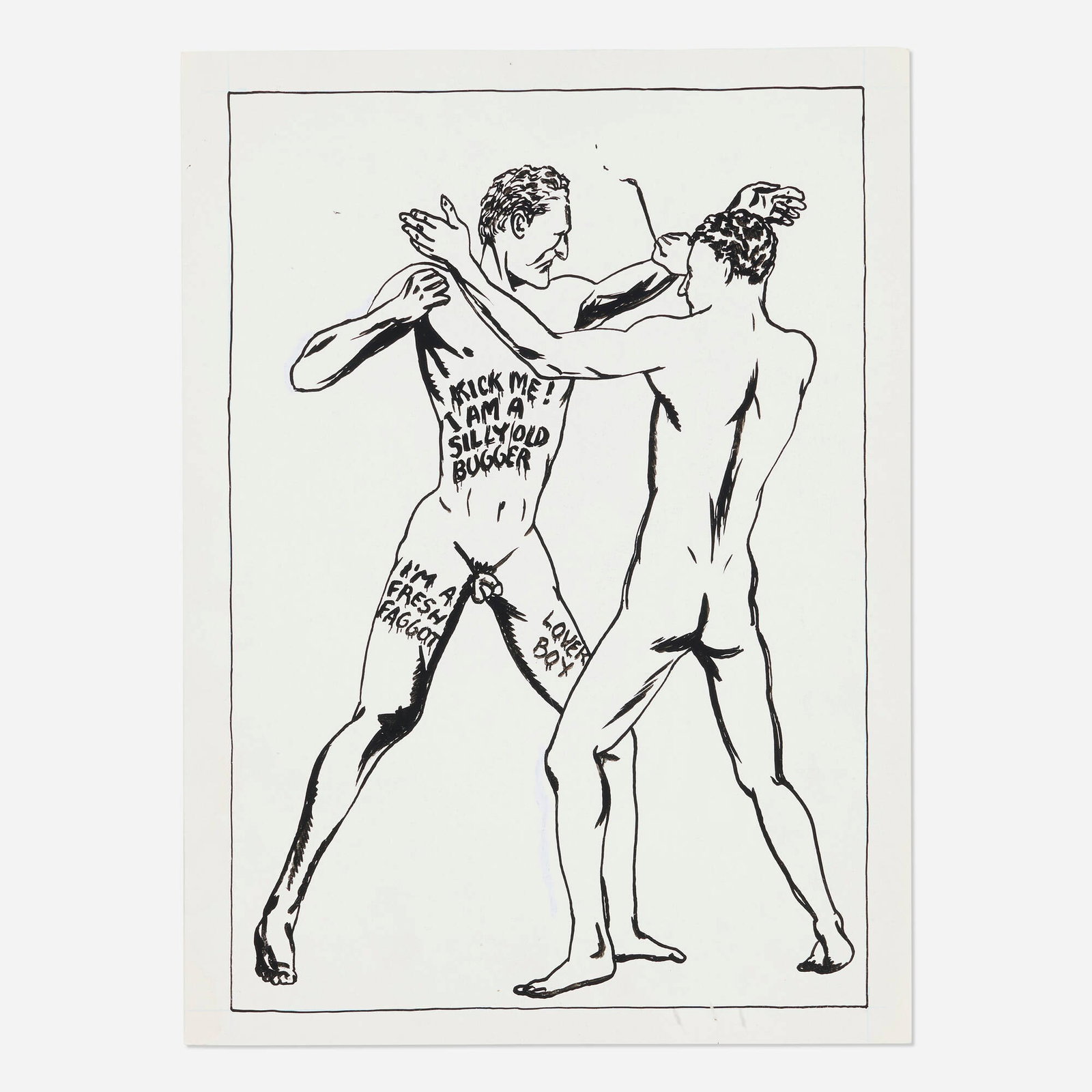 Raymond Pettibon, No Title (Kick me): Raymond Pettibon No Title (Kick me) ink on paper (double-sided) 14 h x 10.125 w in (36 x 26 cm) Provenance: Private Collection This work will ship from Lambertvi