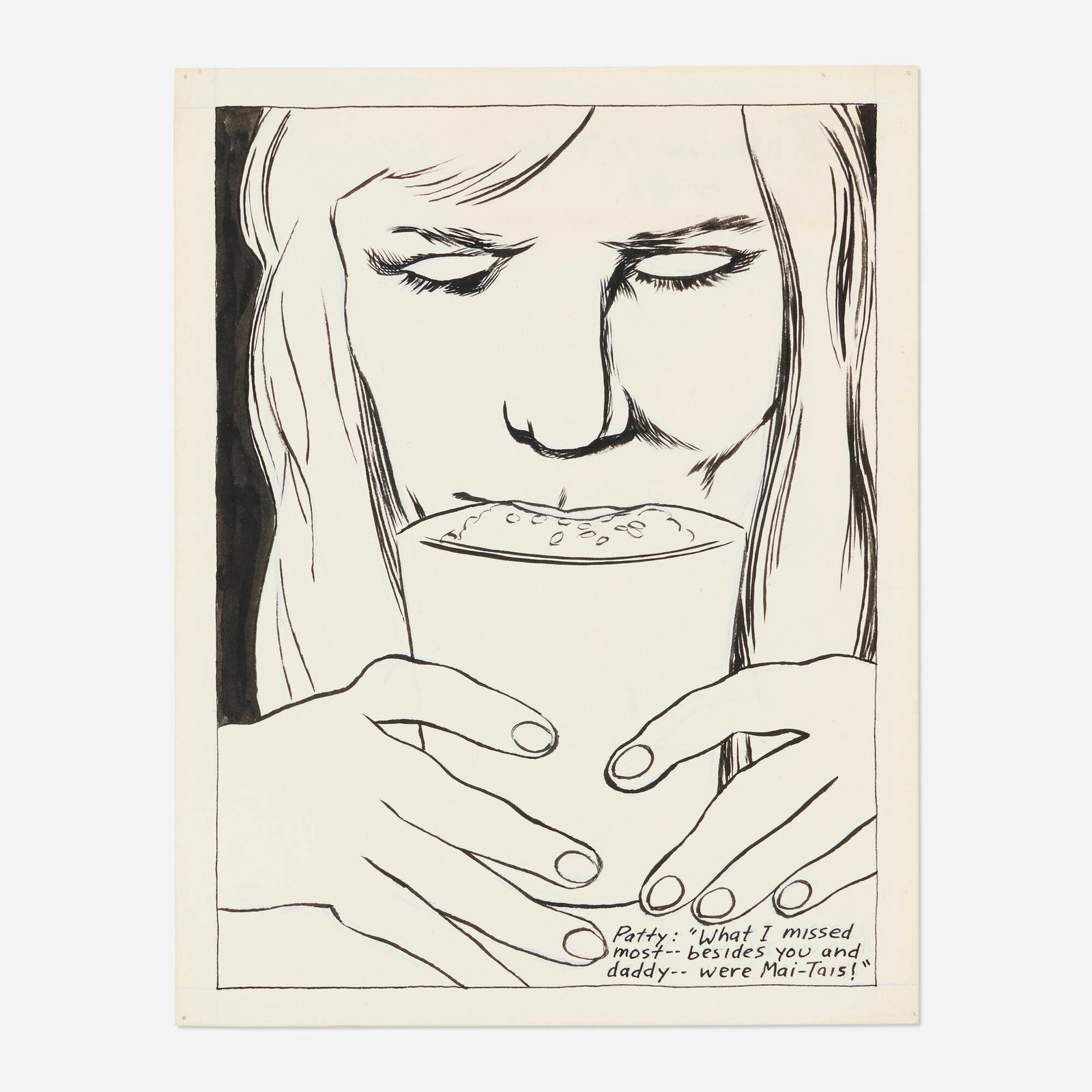 Raymond Pettibon, No Title (Patty): Raymond Pettibon No Title (Patty) 1982 ink on paper 10.875 h x 8.5 w in (28 x 22 cm) Signed and dated to verso 'Raymond Pettibon 3-82'. Provenance: Private Col