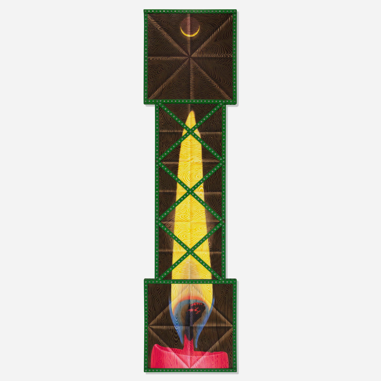 Art Green, Working Knowledge: Art Green Working Knowledge 1992 oil on canvas laid to Masonite, wood, metal 48.875 h x 12.625 w in (124 x 32 cm) Signed, titled and dated to verso 'Art Green 1992 Working Knowledge'.