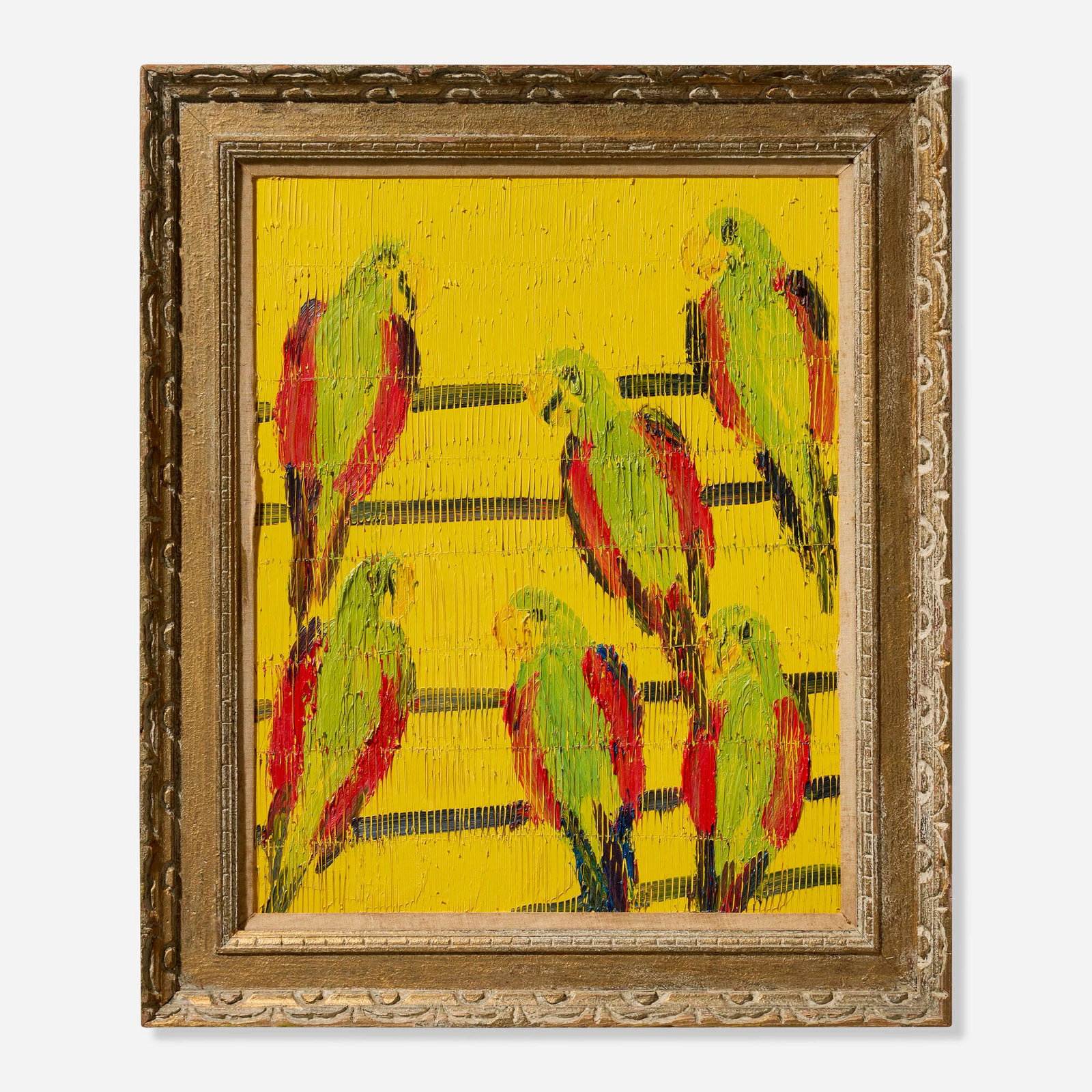 Hunt Slonem, Crimson Gift: Hunt Slonem Crimson Gift 2021 oil on wood in artist's frame 38 h x 31.75 w x 2 d in (97 x 81 x 5 cm) Signed, titled, and dated to verso 'Hunt Slonem 2021 ? Crimson Gift'. Provenance: