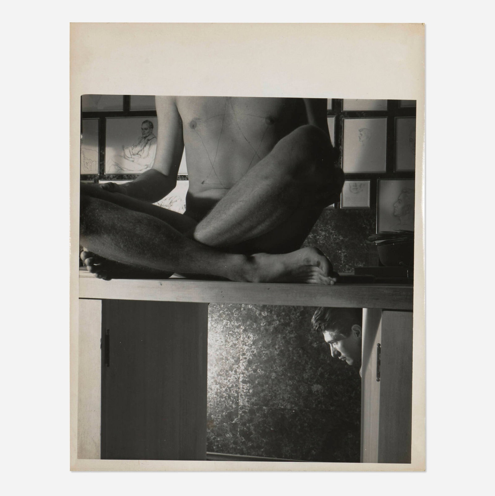 George Platt Lynes, Male Nude Study: George Platt Lynes Male Nude Study gelatin silver print image: 8.25 h x 7.5 w in (21 x 19 cm) sheet: 10.125 h x 8 w in (26 x 20 cm) Collector's stamp to verso. Provenance: The Ashby/Connolly