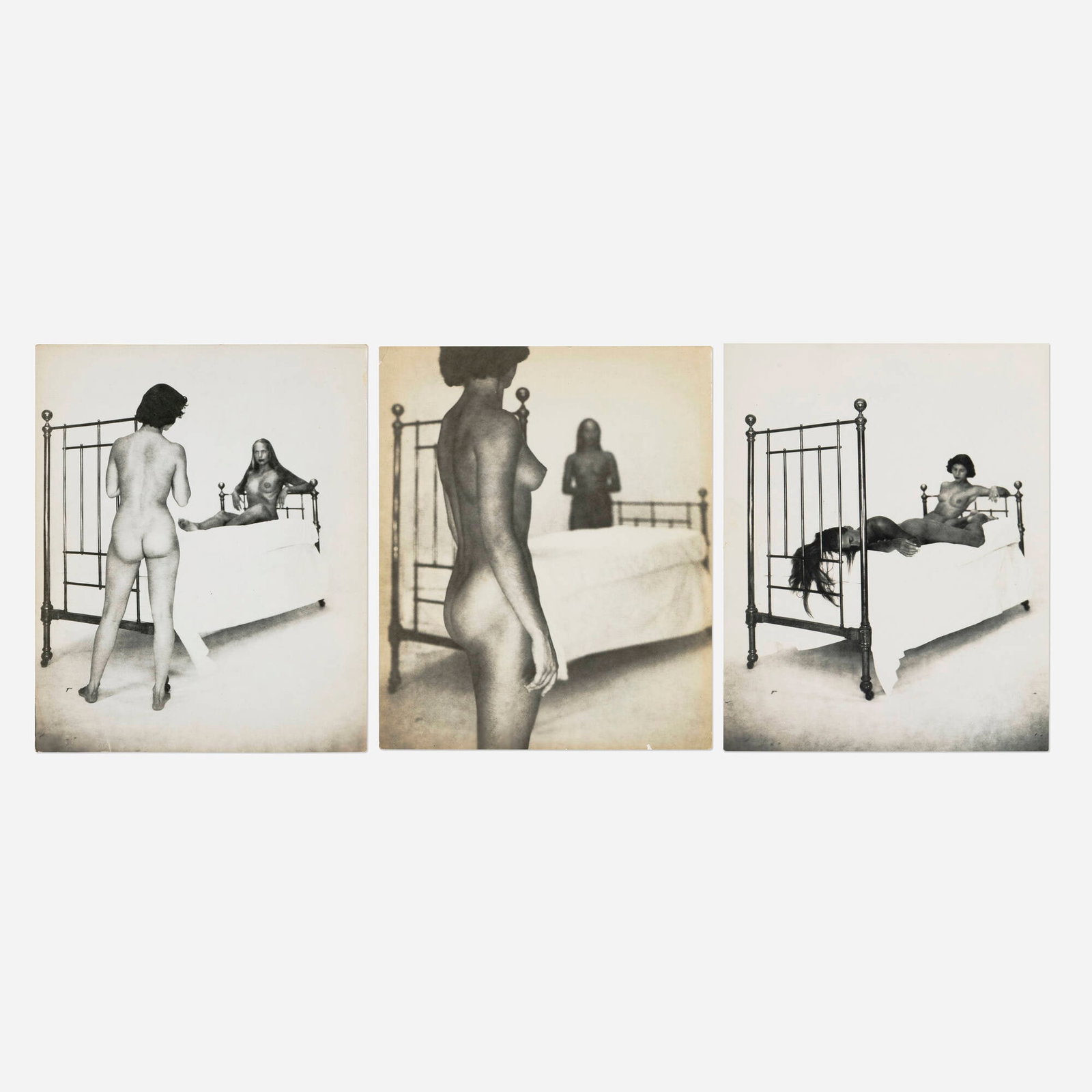 George Platt Lynes, Laurie Beigler and Joy Ross, Two Women and a Brass Bed (three works): George Platt Lynes Laurie Beigler and Joy Ross, Two Women and a Brass Bed (three works) 1951 gelatin silver print; vintage gelatin silver print 9.25 h x 7.625 w in (23 x 19 cm) 9.375 h x 7.5 w in (