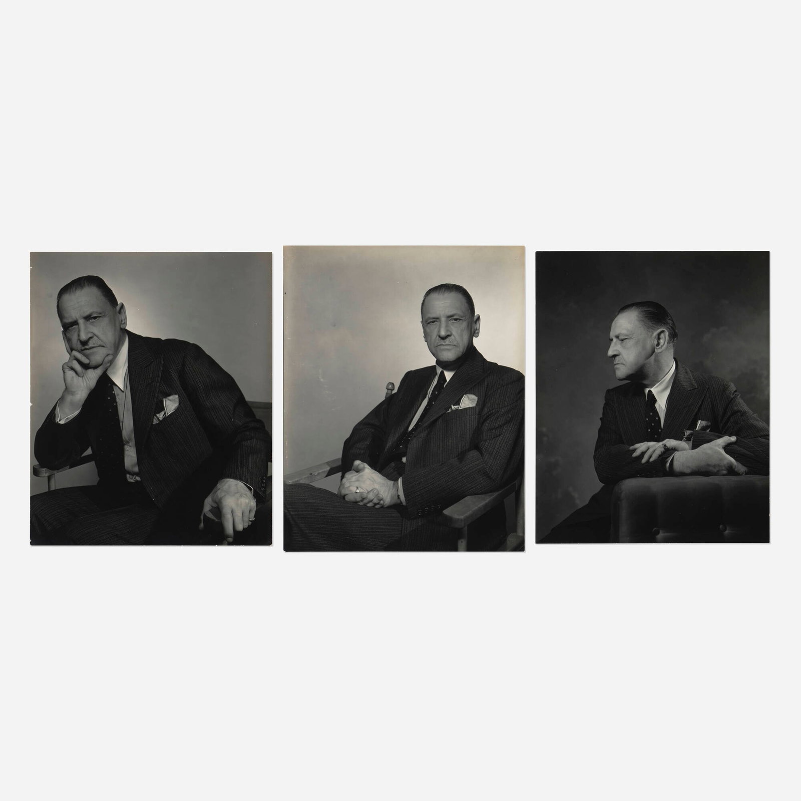 George Platt Lynes, William Somerset Maughm (three works): George Platt Lynes William Somerset Maughm (three works) gelatin silver print 9.5 h x 7.625 w in (24 x 19 cm) 9.25 h x 7.625 w in (23 x 19 cm) Inscribed to verso of one work 'MW'.