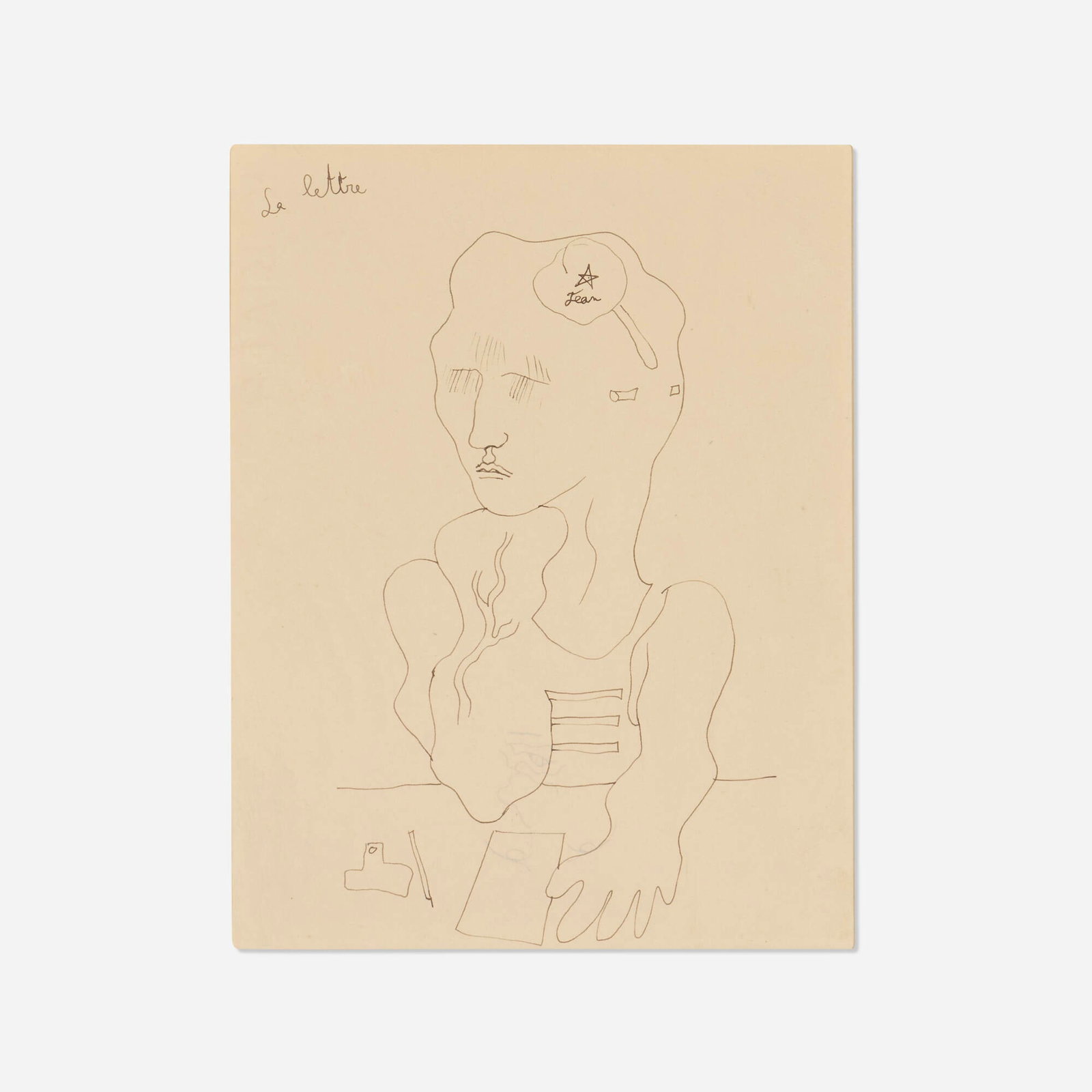 Jean Cocteau, La lettre: Jean Cocteau La lettre ink on BFK Rives 10.625 h x 9.375 w in (27 x 24 cm) Signed to upper center 'Jean'. Titled to upper left 'La lettre'. Provenance: The Ashby/Co