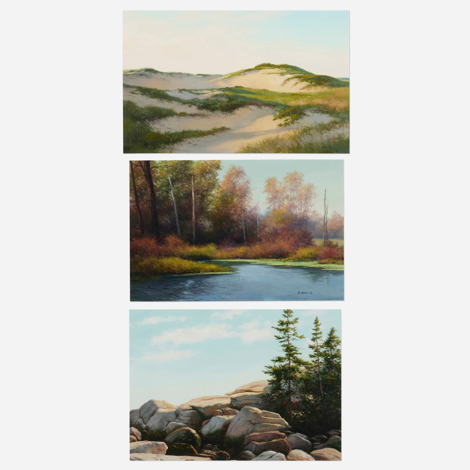 Albert Bross, Jr. , Dune Barrier; Autumn Blackbrook; The Point (three works): Albert Bross, Jr. Dune Barrier; Autumn Blackbrook; The Point (three works) oil on paper sight: 10 h x 13.75 w in (25 x 35 cm) sight: 9.375 h x 14.75 w in (24 x 37 cm) sight: 9.25 h x 14 w in (23 x 36