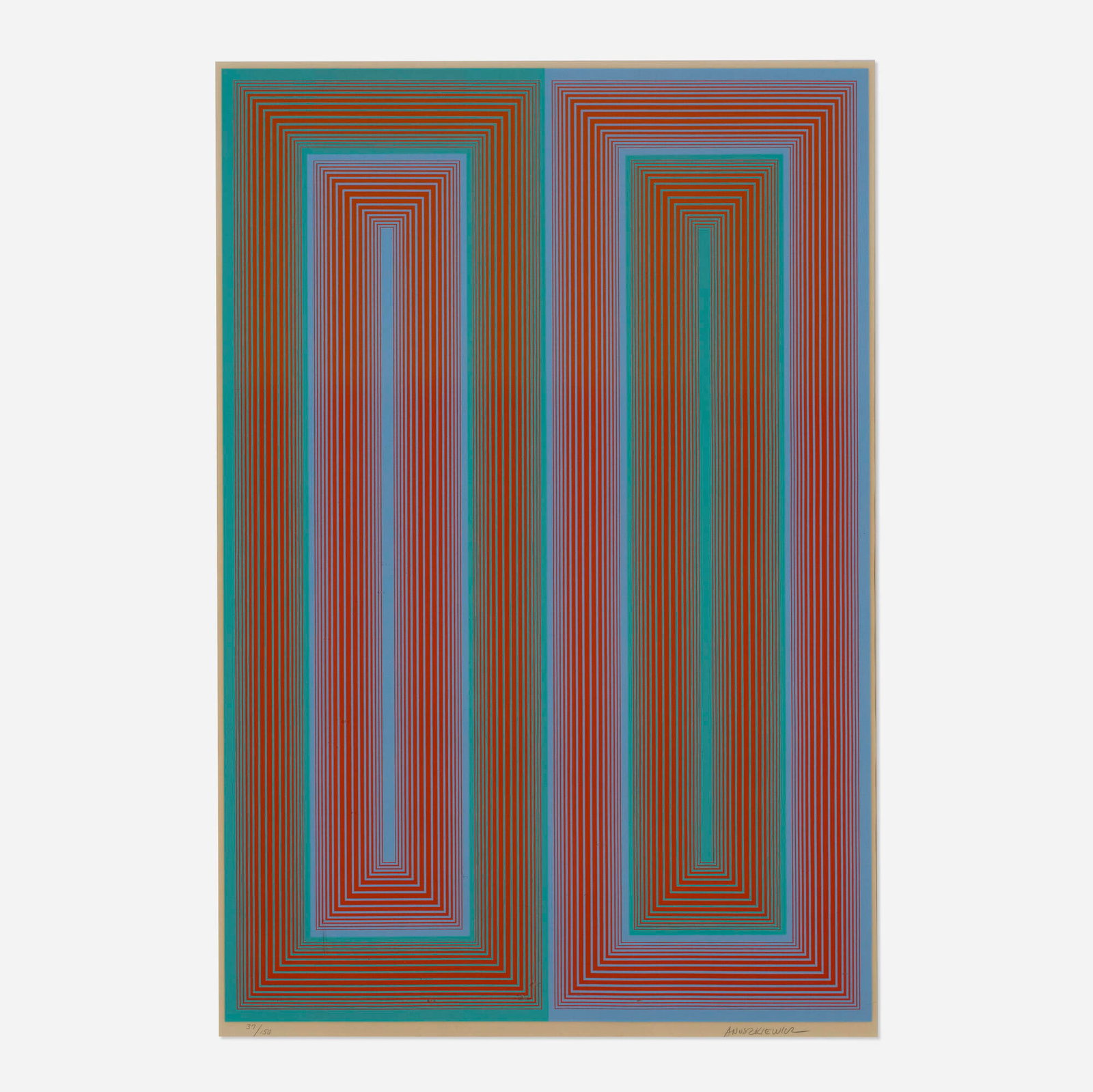 Richard Anuszkiewicz, Untitled (from the Peace portfolio): Richard Anuszkiewicz Untitled (from the Peace portfolio) 1973 screenprint in colors image: 34.5 h x 23.5 w in (88 x 60 cm) sight: 35.375 h x 24.125 w in (90 x 61 cm) Signed and numbered to lower edge