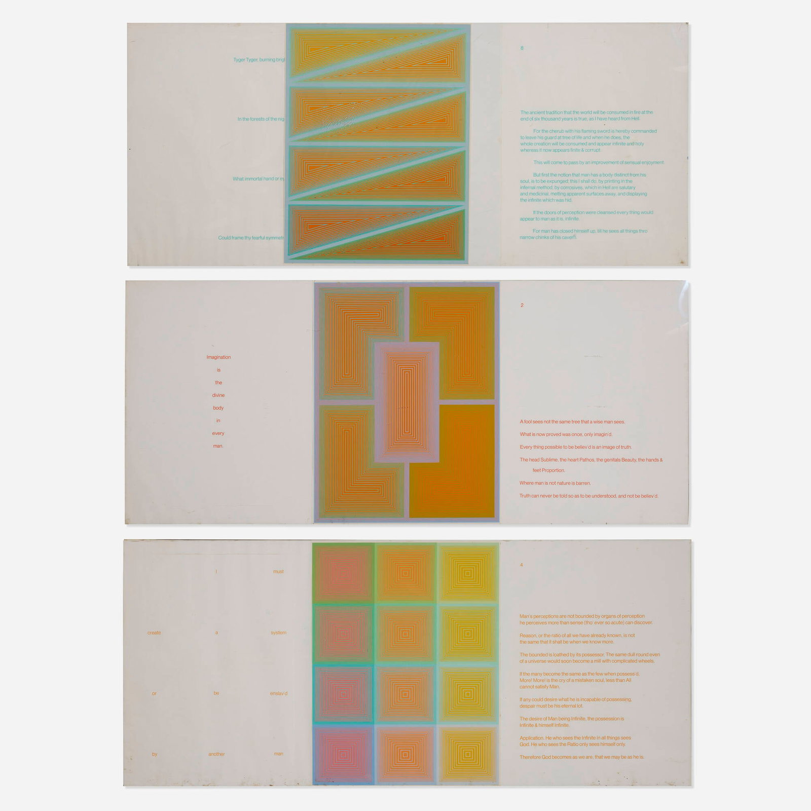 Richard Anuszkiewicz, Three works from the Inward Eye portfolio: Richard Anuszkiewicz Three works from the Inward Eye portfolio 1970 screenprint in colors image (each): 25.5 h x 20 w in (65 x 51 cm) These works with corresponding text pages are from the edition of
