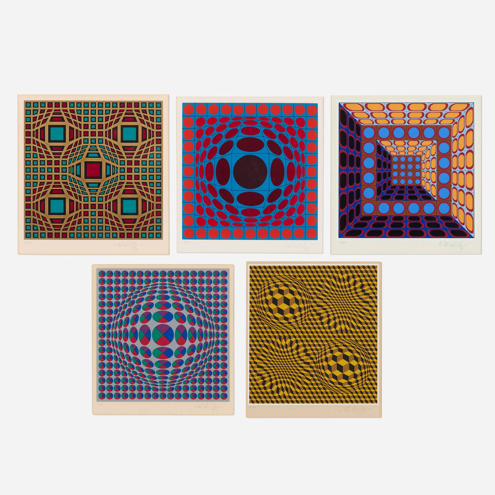 Victor Vasarely, Five works: Victor Vasarely Five works screenprint in colors image (largest): 8.625 h x 8.875 w in (22 x 23 cm) image (smallest): 8.25 h x 8.125 w in (21 x 21 cm) Signed and numbered to lower edge of each work