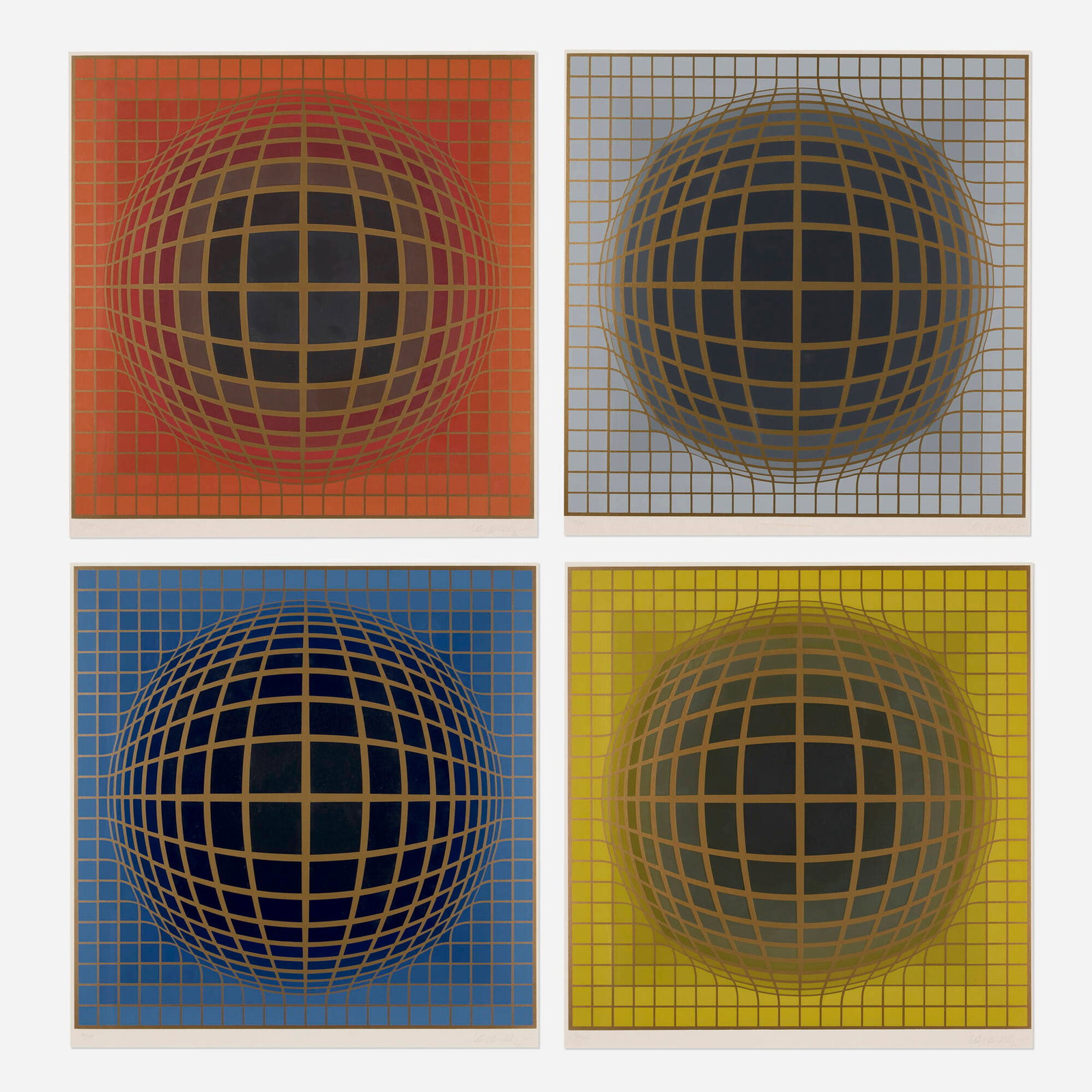 Victor Vasarely, Four works from the B-Bomb-b portfolio: Victor Vasarely Four works from the B-Bomb-b portfolio 1974 screenprint in colors image (each): 24 h x 23 w in (61 x 58 cm) sight (each): 25 h x 23.5 w in (63 x 60 cm) Signed and numbered to lower