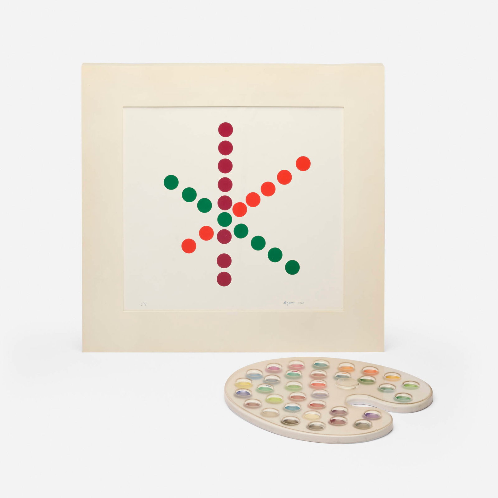 Yaacov Agam, Transformable Dialogue II: Yaacov Agam Transformable Dialogue II 1975 / 1978 screenprint in colors, plastic palette, steel, magnets 19.75 h x 21 w x 1.25 d in (50 x 53 x 3 cm) palette: 0.5 h x 13 w x 11.5 d in (1 x 33 x 29 c