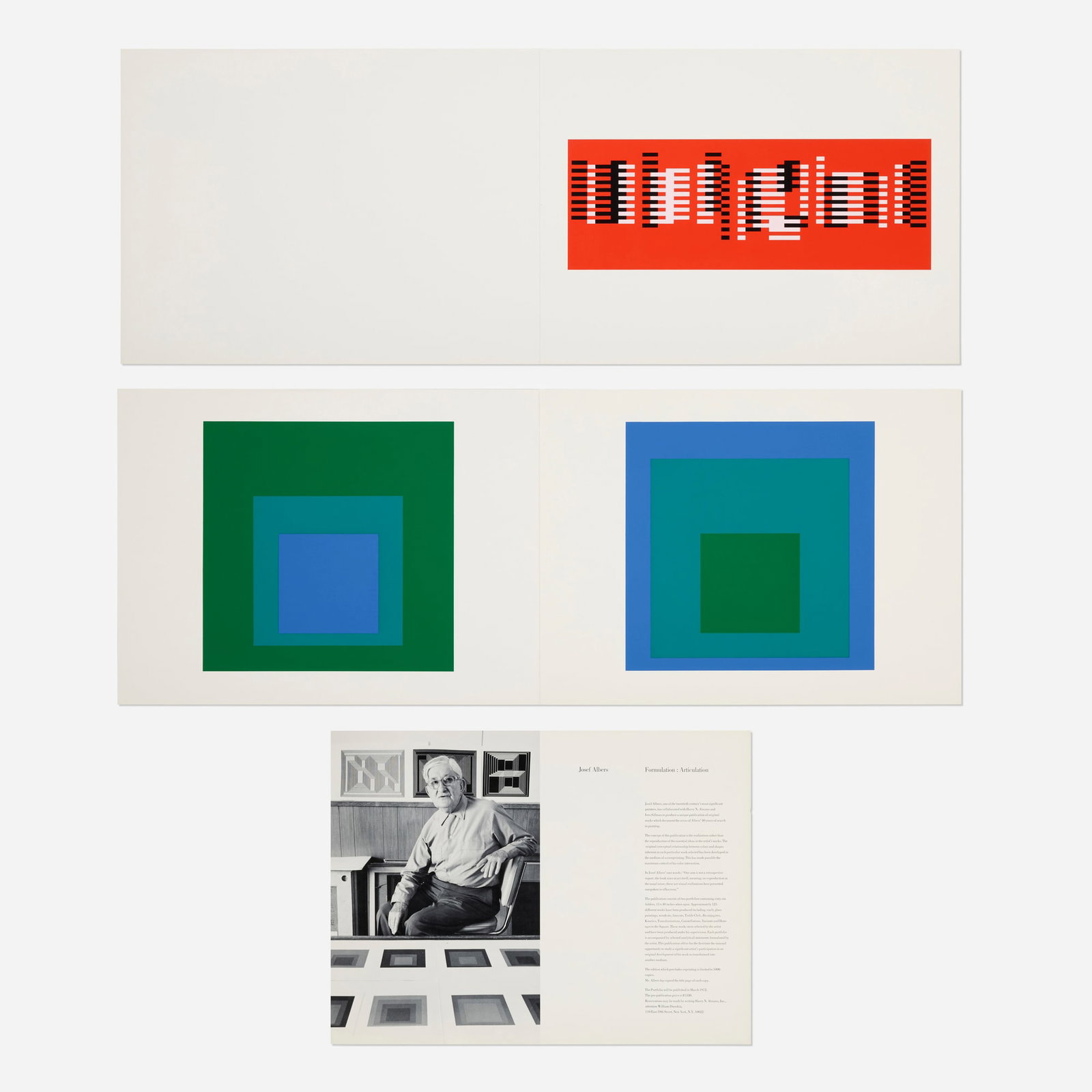 Josef Albers, Two works from the Formulation : Articulation portfolio: Josef Albers Two works from the Formulation : Articulation portfolio 1972 screenprint in colors image (one): 6.125 h x 17.125 w in (16 x 43 cm) image (two): 11.75 h x 11.75 w in (30 x 30 cm) sh