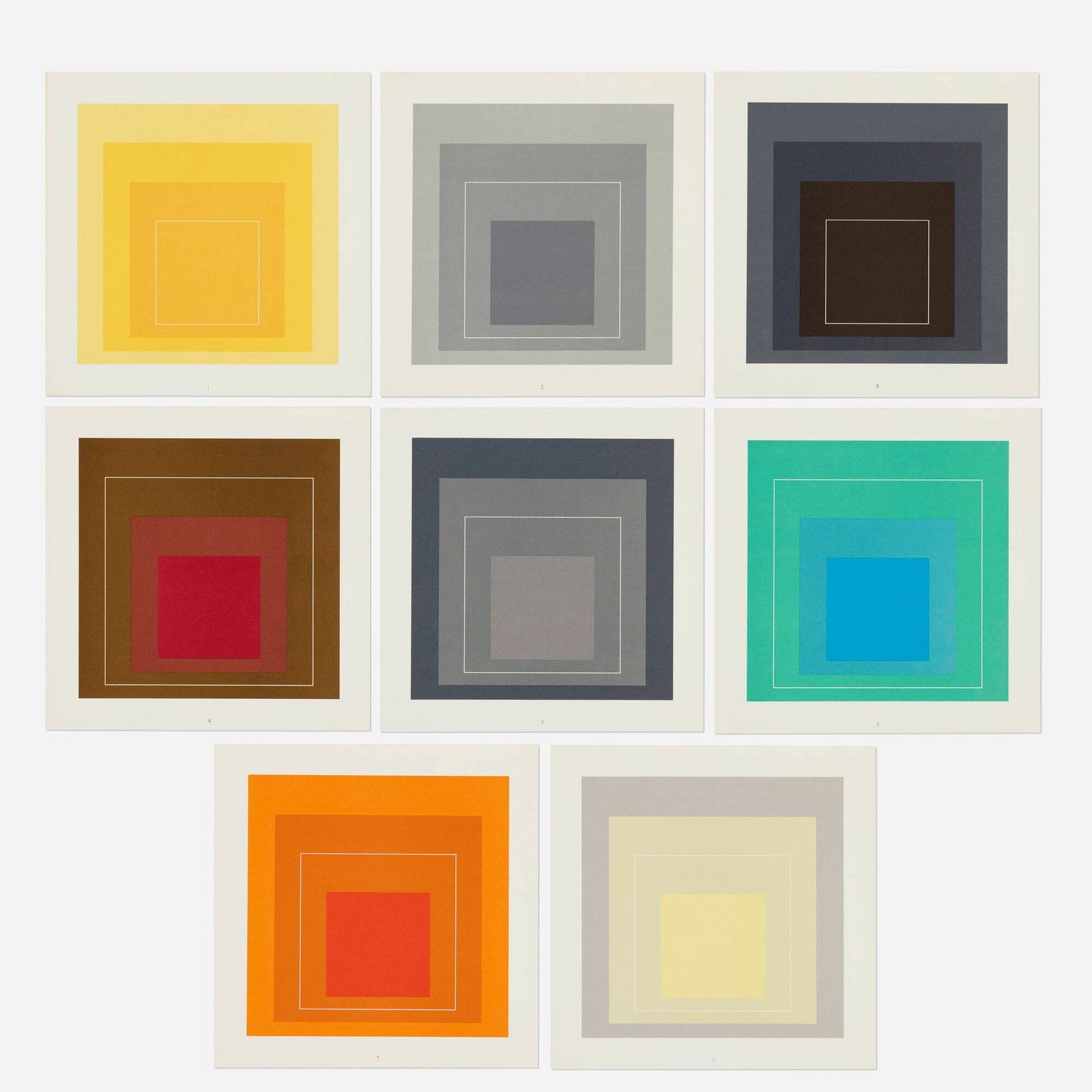 After Josef Albers, White Line Squares, Series II sample portfolio: After Josef Albers White Line Squares, Series II sample portfolio 1967 lithograph in colors image (each): 6 h x 6 w in (15 x 15 cm) sheet (each): 7.5 h x 7.25 w in (19 x 18 cm) This complete