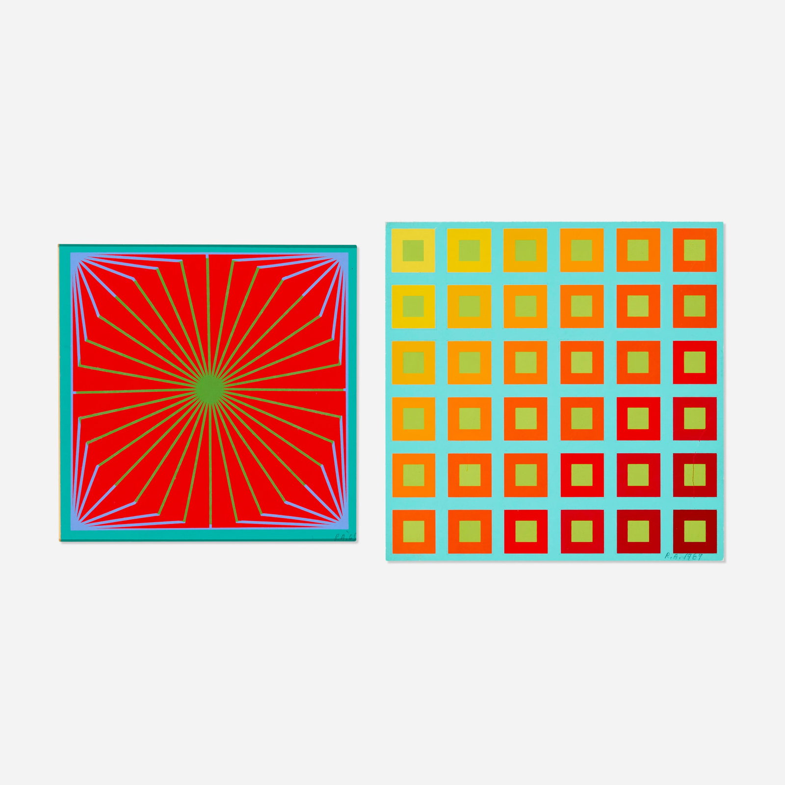 Richard Anuszkiewicz, Untitled (Annual Edition) (two works): Richard Anuszkiewicz Untitled (Annual Edition) (two works) 1965, 1969 screenprint in colors 6.875 h x 6.875 w in (17 x 17 cm) 7.875 h x 7.875 w in (20 x 20 cm) Signed and dated to lower righ
