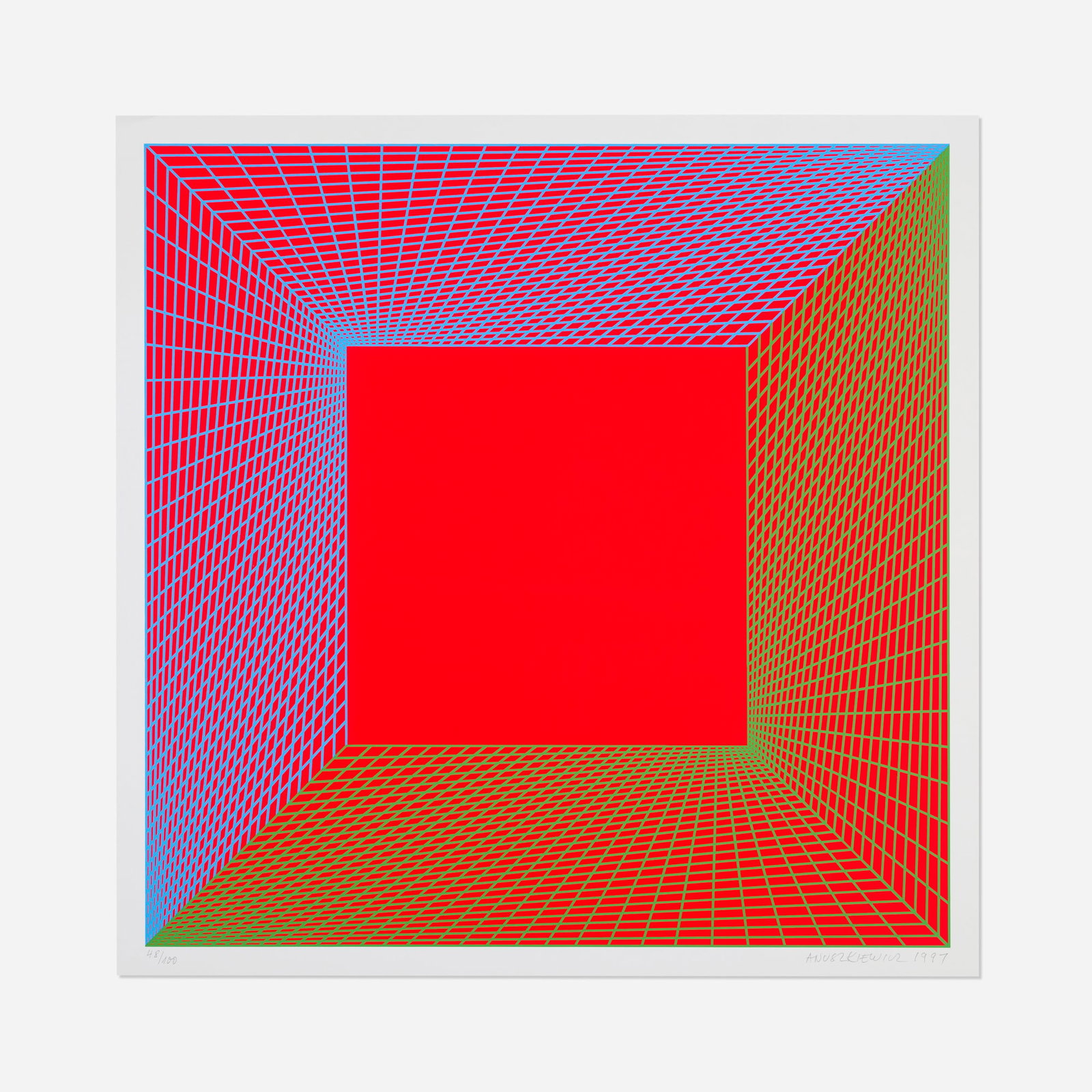 Richard Anuszkiewicz, Untitled: Richard Anuszkiewicz Untitled 1997 screenprint in colors image: 21.625 h x 21.75 w in (55 x 55 cm) sheet: 23.25 h x 23.375 w in (59 x 59 cm) Signed, dated, and numbered to lower edge '4
