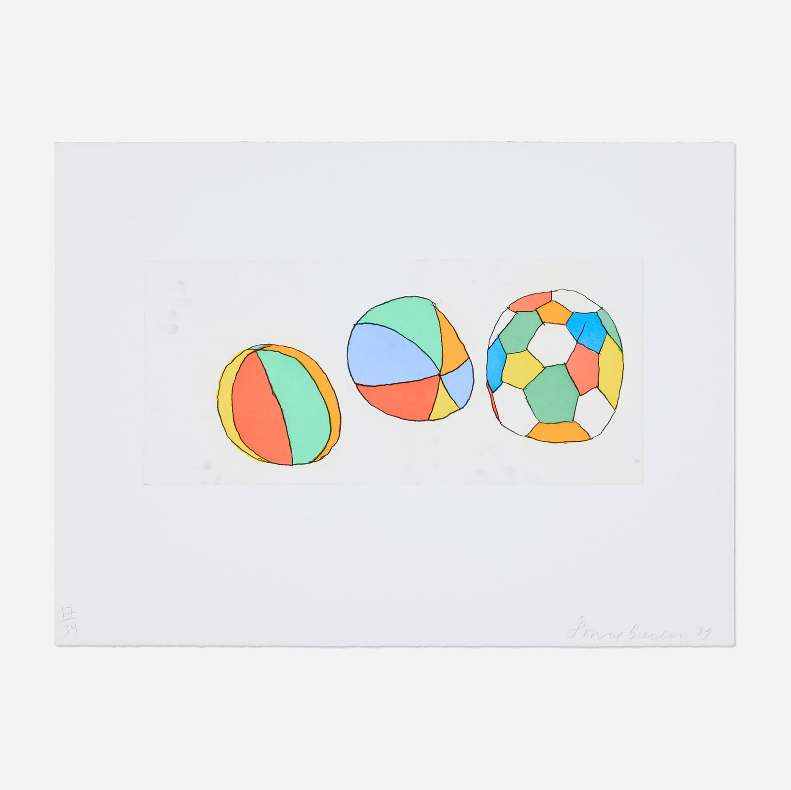 Donald Baechler, 3 Balls: Donald Baechler 3 Balls 1999 soft-ground etching and aquatint in colors image: 9.75 h x 21.75 w in (25 x 55 cm) sheet: 22 h x 29.75 w in (56 x 76 cm) Signed, dated, and numbered to lower edge