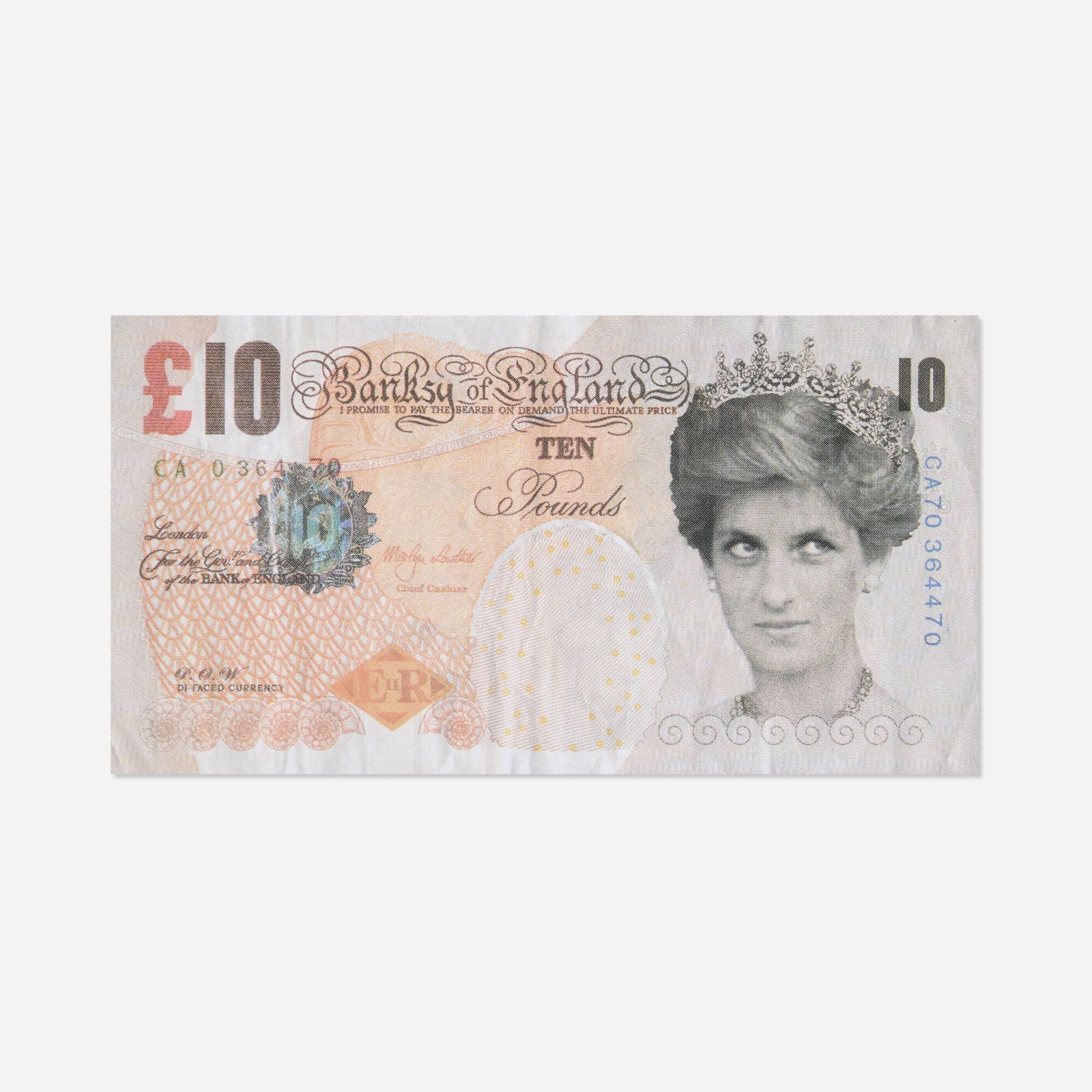 After Banksy, Di-Faced Tenner, 10 GBP Note: After Banksy Di-Faced Tenner, 10 GBP Note 2005 offset lithograph in colors 3 h x 5.625 w in (8 x 14 cm) Sold with a certificate of authenticity from Laz Consultancy. Provenance: Steve Lazarides,