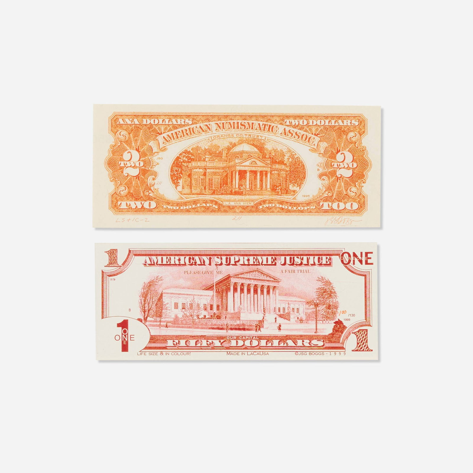 JSG Boggs, American Supreme Justice; American Numismatic Association (two works): JSG Boggs American Supreme Justice; American Numismatic Association (two works) 1999 screenprint in colors image (each): 2 h x 5.5 w in (5 x 14 cm) sheet (each): 2.5 h x 6 w in (6 x 15 cm) S