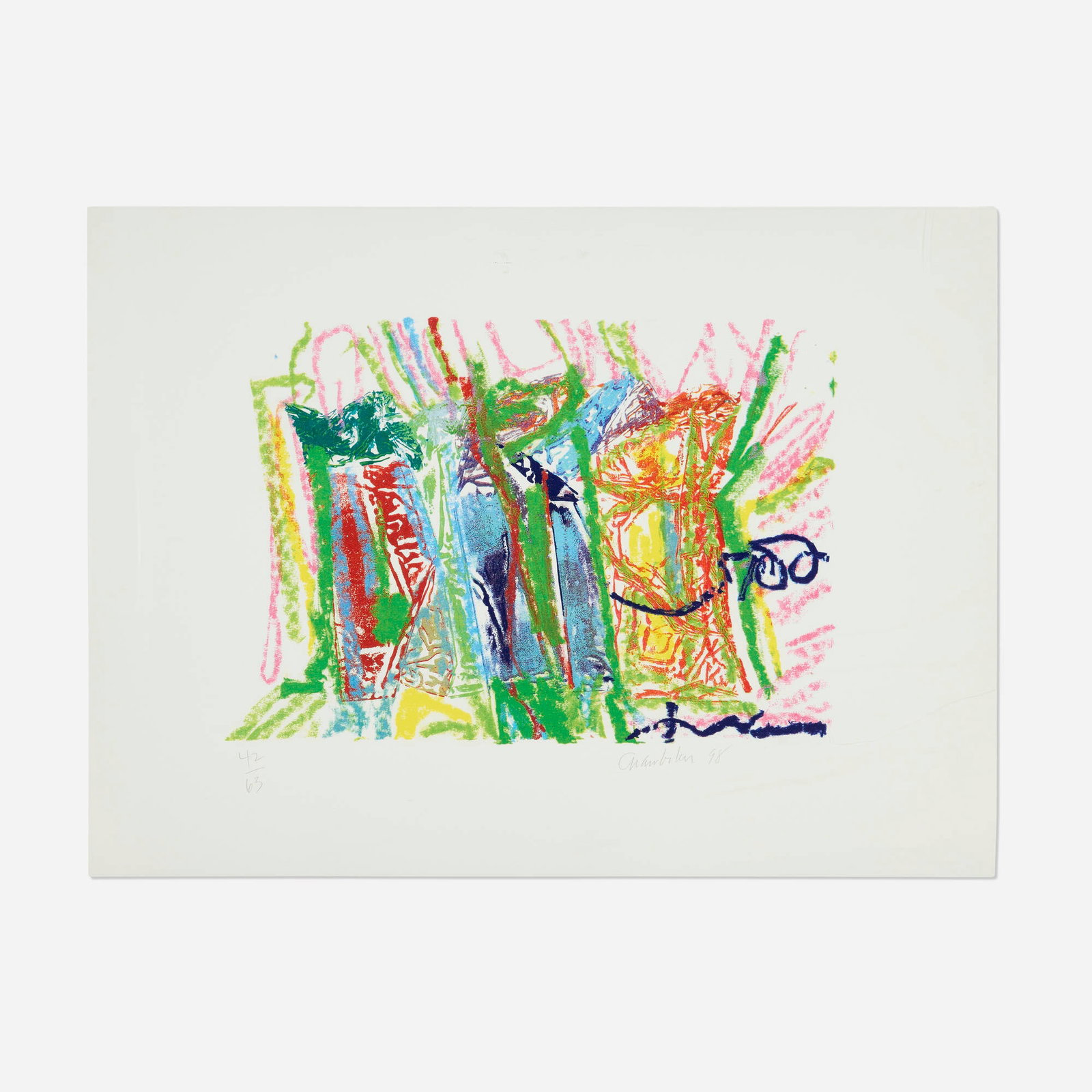 John Chamberlain, A Gift #9: John Chamberlain A Gift #9 1998 offset lithograph in colors image: 13.75 h x 19.25 w in (35 x 49 cm) sheet: 21.75 h x 29.5 w in (55 x 75 cm) Signed, dated, and numbered to lower edge '42/63