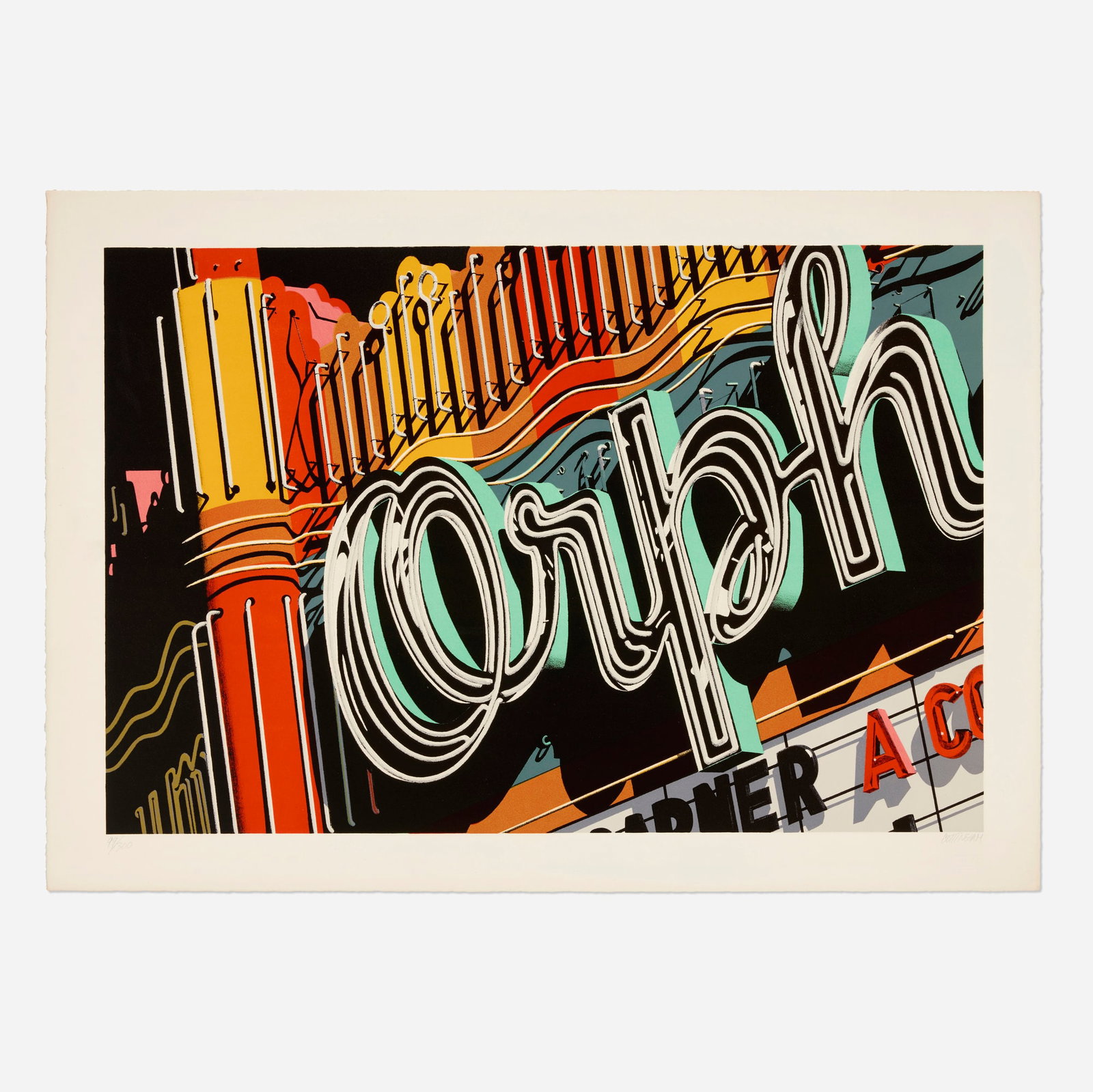 Robert Cottingham, Orph: Robert Cottingham Orph 1972 screenprint in colors image: 20 h x 30 w in (51 x 76 cm) sheet: 24 h x 34 w in (61 x 86 cm) Signed and numbered to lower edge '99/300 Cottingham'. This