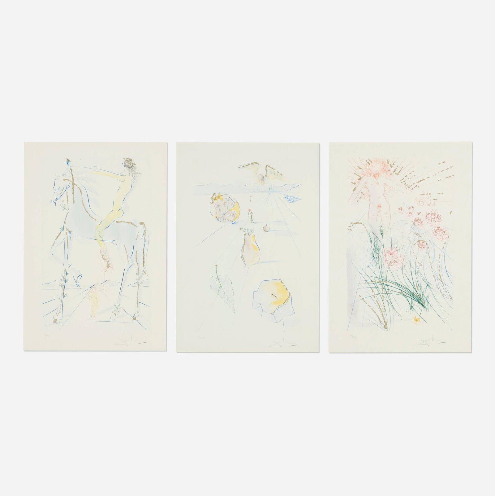 Salvador Dali, Three works from the Song of Songs portfolio: Salvador Dali Three works from the Song of Songs portfolio 1971 etching in colors with diamond dust image (each): 15.5 h x 9.75 w in (39 x 25 cm) sheet (each): 18.75 h x 12.875 w in (48 x 33 cm)